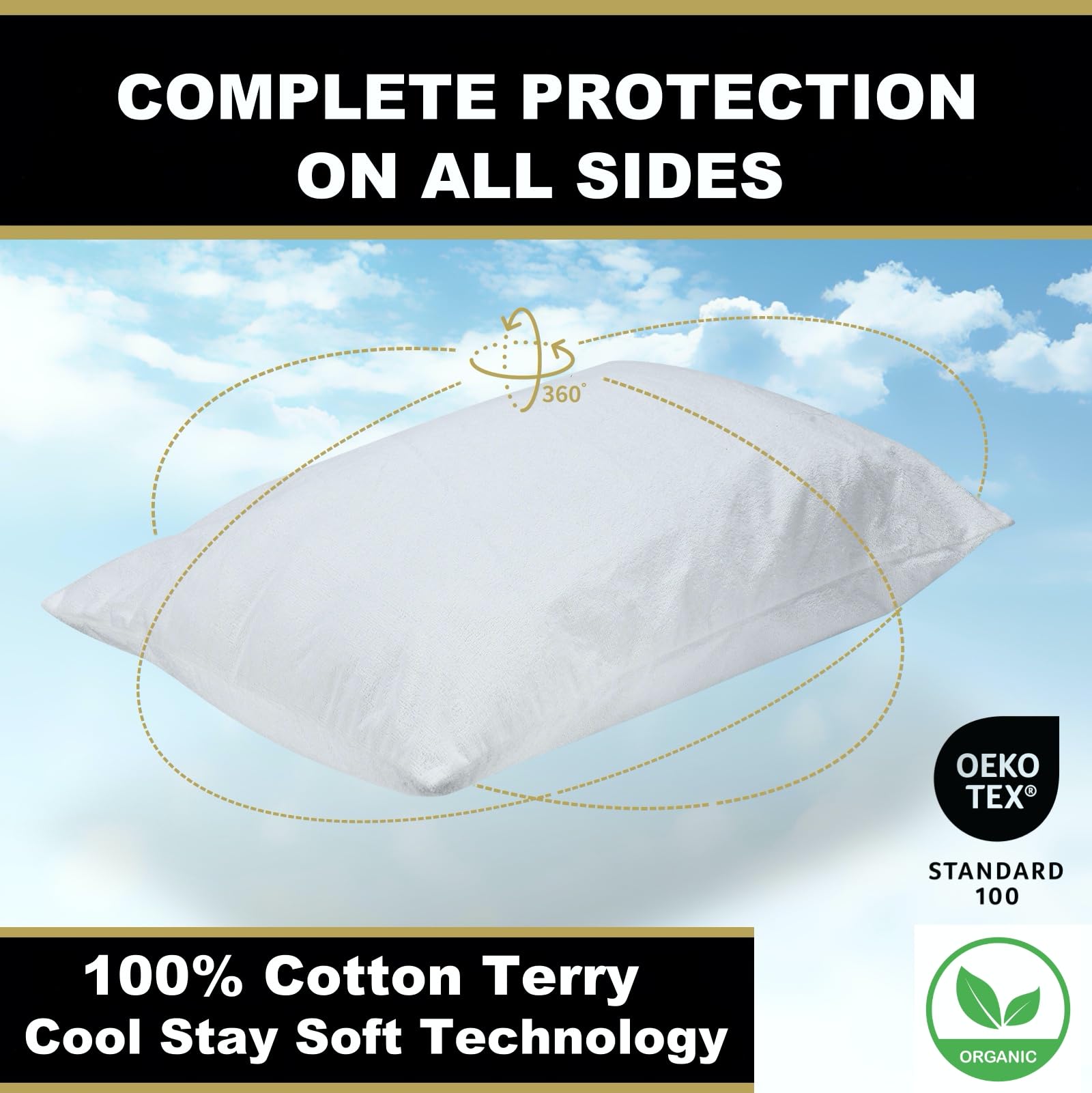 4 Pack Queen Size Organic Cotton Pillow Protectors - Waterproof, Bed Bug Proof Zippered Pillow Covers - 100% Breathable Terry Cotton for Allergy Relief - Perfect for Hotels, Dorms & Home Use (White)