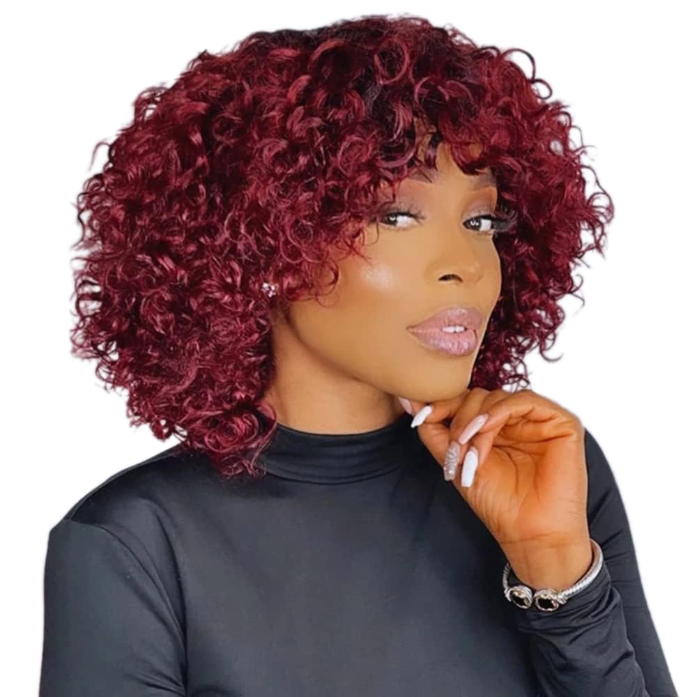 12-inch Short Curly Bob Wigs with Bangs for Black Women - 100% Human Hair Red Wig | 200g/piece 180 Density Afro Kinky Curly Hair | Glueless Lace Front Wig in Burgundy Color | Perfect for Cosplay, Daily Wear & Special Occasions