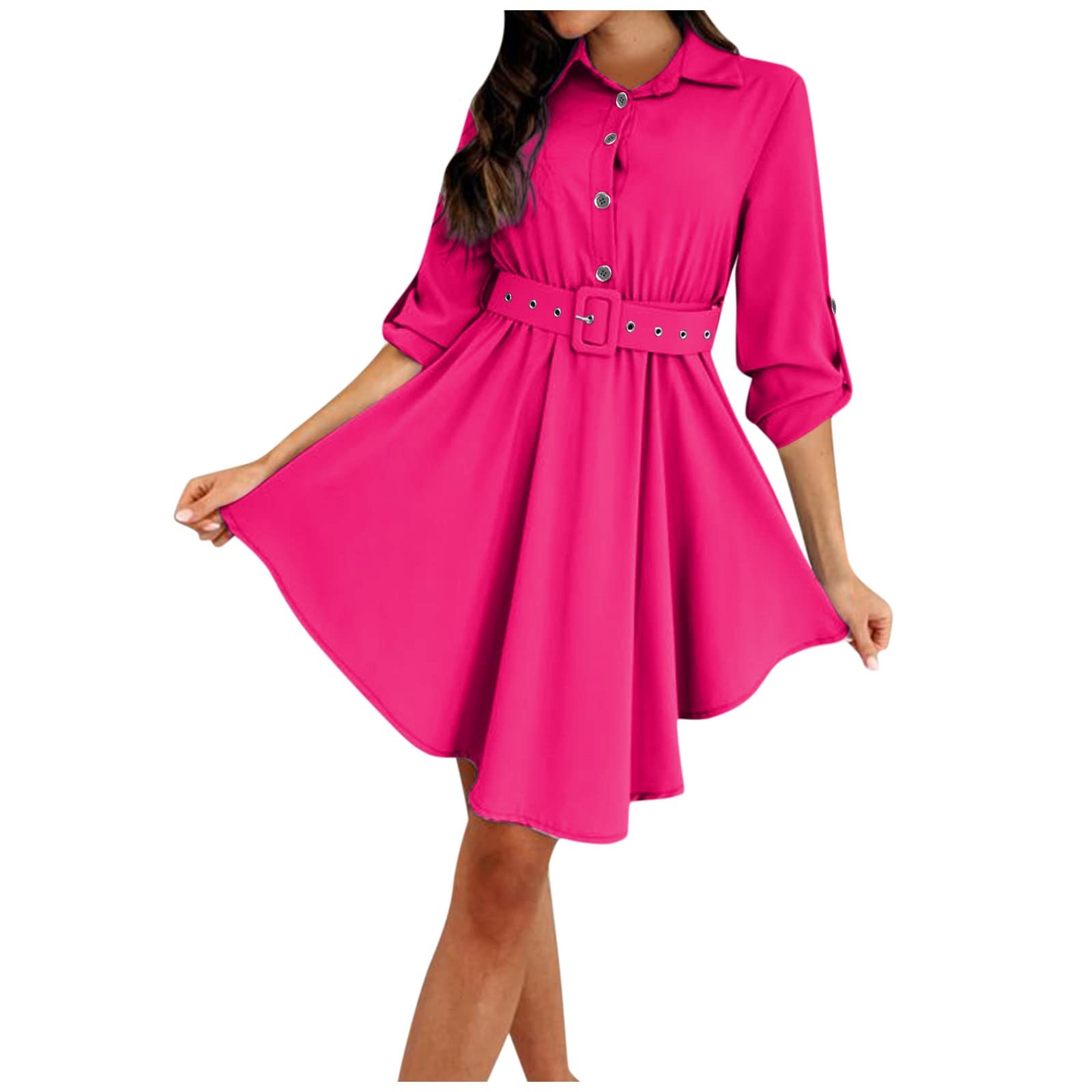 Elegant Mebamook Women's Cocktail Dress - Summer Waist-Defining Solid Color Roll-Up Sleeve Belt Dress for Parties & Special Occasions