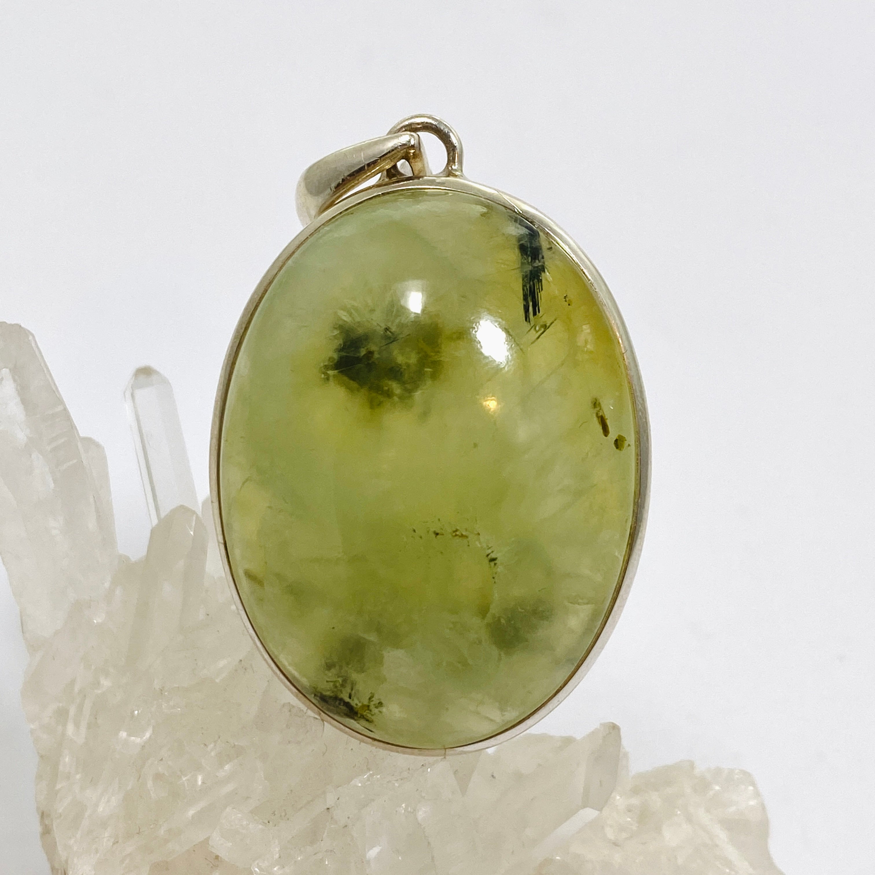 Natural Prehnite and Epidote Oval Cabochon Pendant - Handmade Gemstone Jewelry PPGJ1016 for Healing, Meditation & Spiritual Gifts