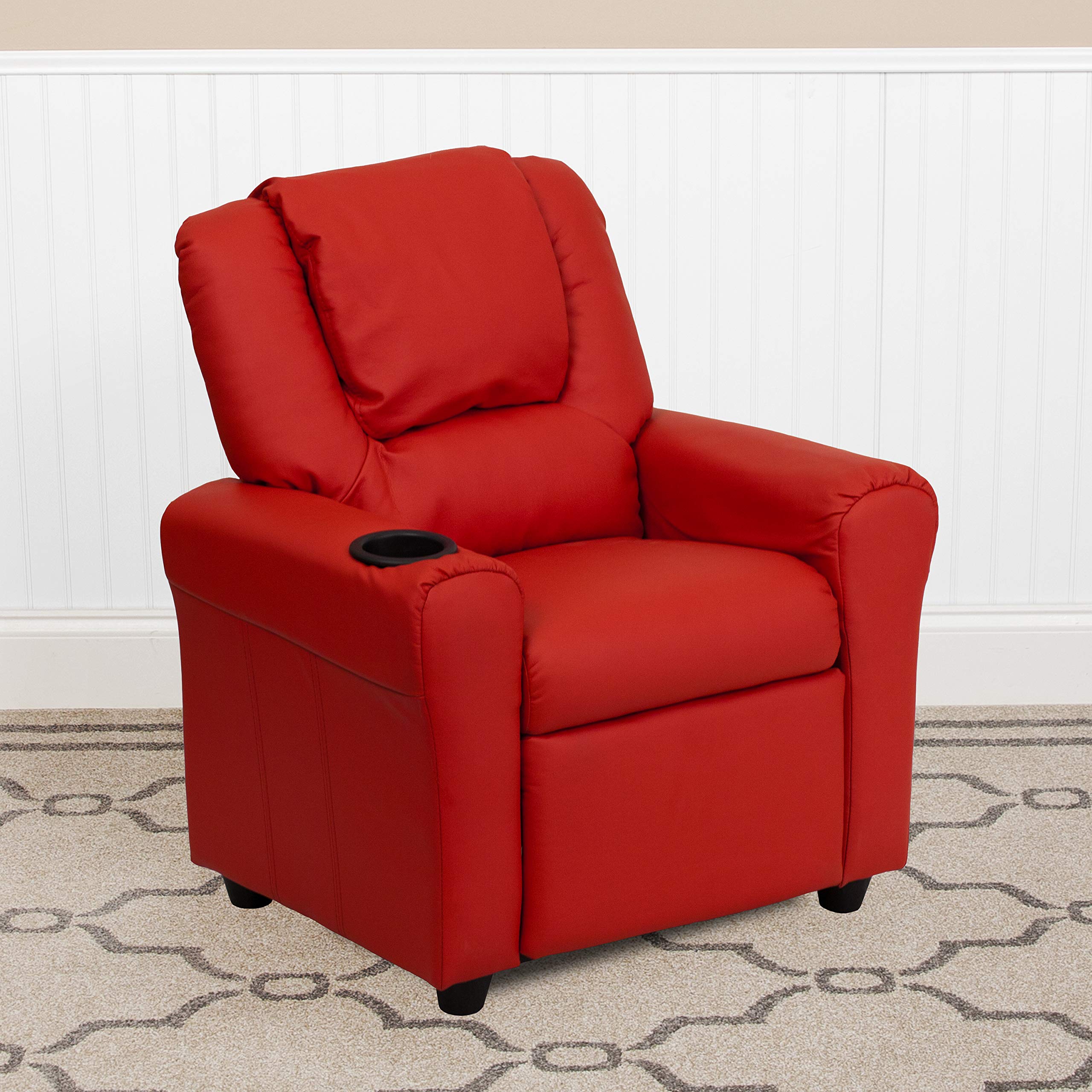 Comfy Red Vinyl Kids Recliner Chair with Cup Holder & Headrest - Perfect for Playrooms, Bedrooms & Movie Nights