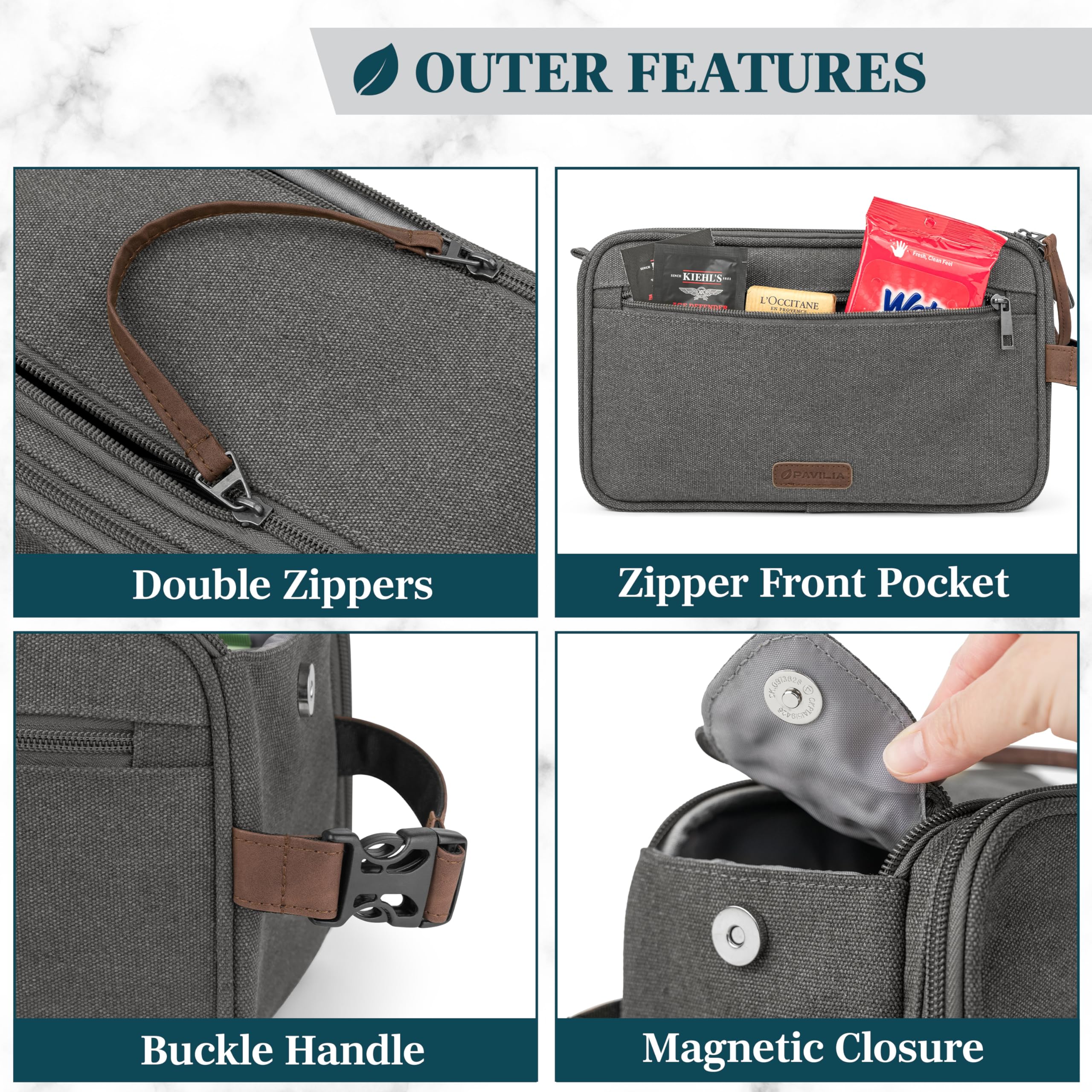 PAVILIA Extra Large Water Resistant Canvas Toiletry Bag for Men & Women - Travel Dopp Kit, Hygiene Organizer & Shaving Kit Accessories (Grey) - Perfect for Camping, Gym, Business Trips & Vacation Packing