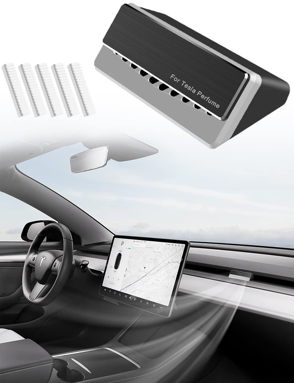 Tesla Model 3 & Y Air Freshener with 5 Essential Oil Sticks - Premium Car Vent Scent Diffuser, Long Lasting Fragrance, Luxury Interior Accessories for Tesla (Grey) | Perfect for Daily Commute & Road Trips