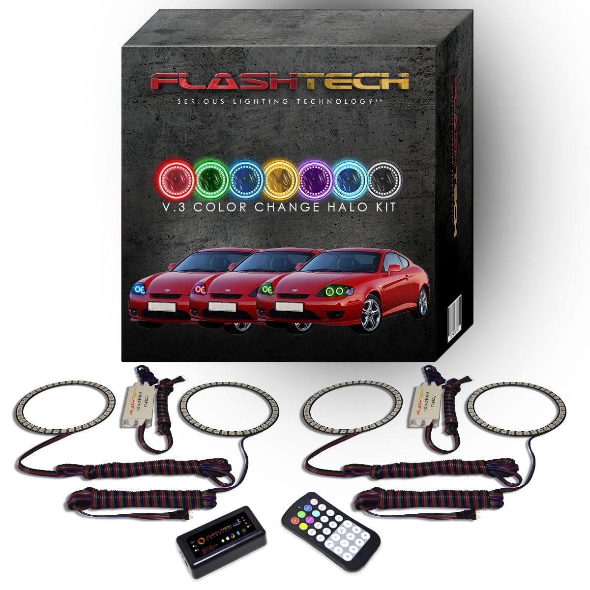 Flashtech LED RGB Multi-Color Halo Ring Headlight Kit with ColorFuse Bright Technology - Bluetooth & RF Remote Control + APP Compatible for 2005-2006 Hyundai Tiburon - Upgrade Your Car Lighting for Night Driving & Custom Styling
