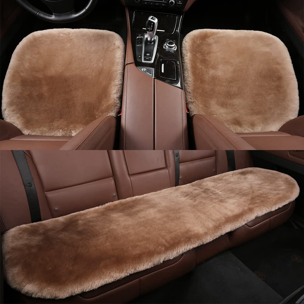 Genuine Sheepskin Car Seat Cushion Set - 3 Piece Real Wool Auto Seat Pad with Non-Slip Backing, Universal Fit 19.2x19.2 Inches (Tan) - Premium Comfort for Long Drives, Winter Warmth & Luxury Car Interior Upgrade