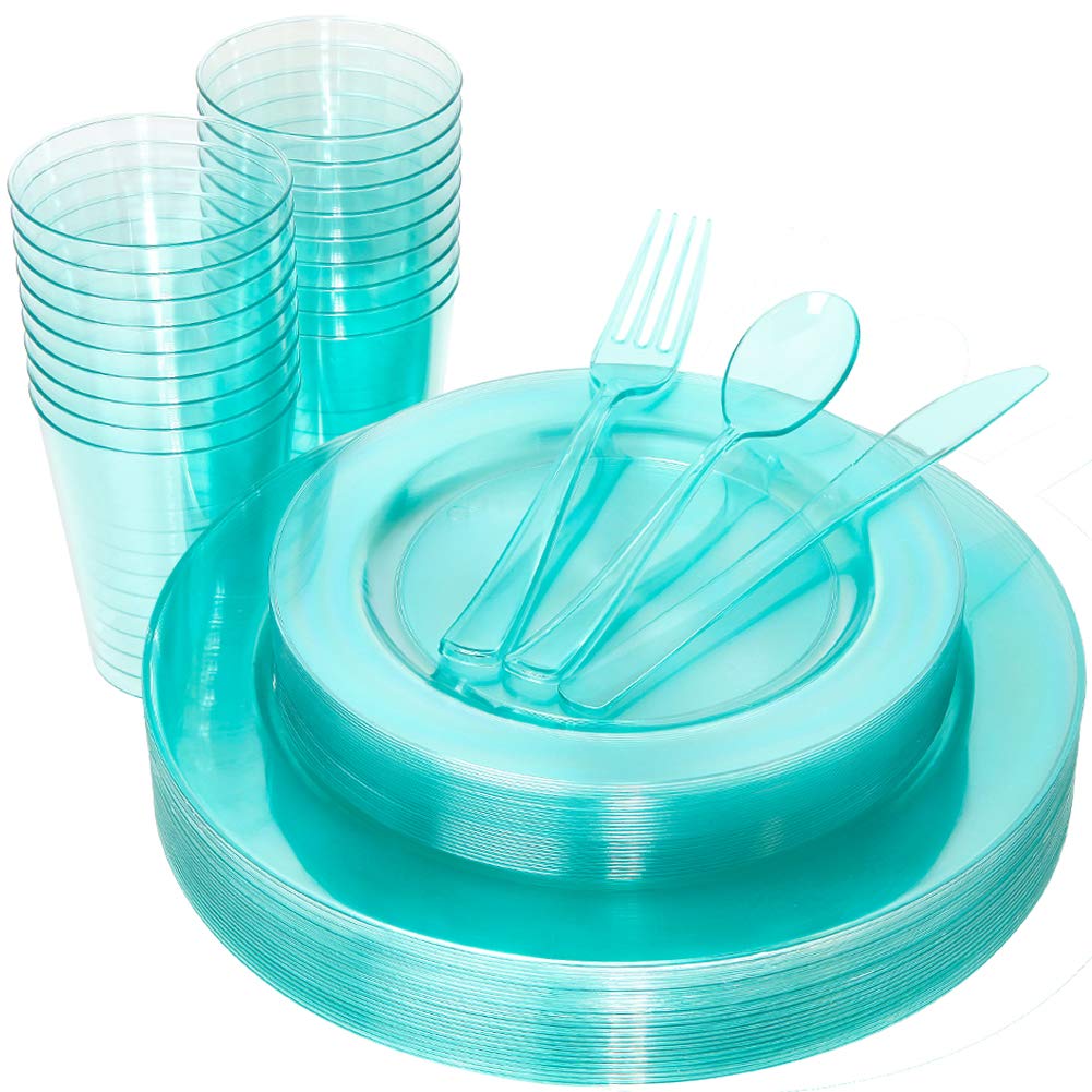 25-Piece Disposable Green Plastic Dinnerware Set - 25 Dinner Plates, 25 Salad Plates, 25 Forks, 25 Knives, 25 Spoons & 25 Clear Green Cups - Eco-Friendly Party Tableware for Easter, Birthday, Picnic & Outdoor Events