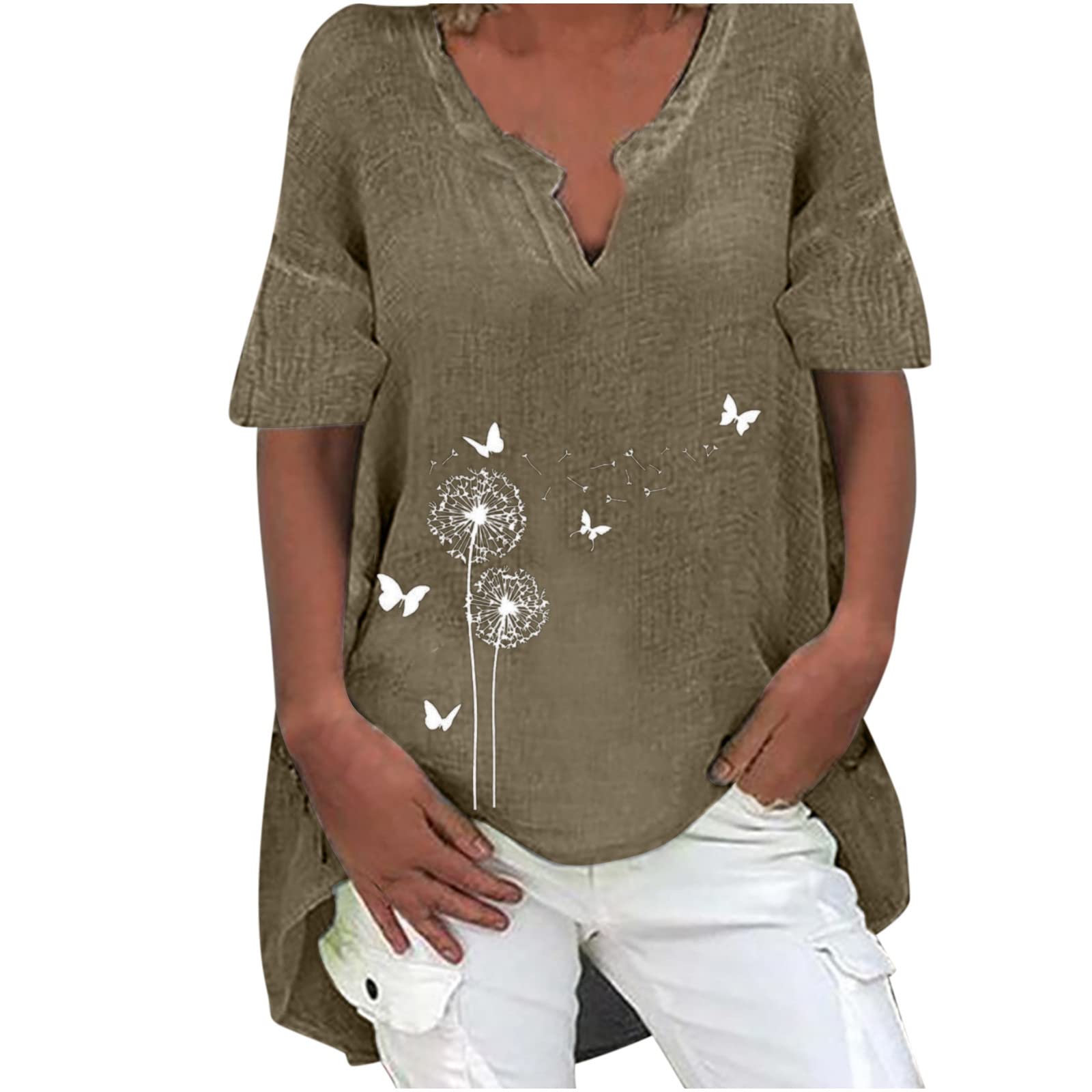 Women's Summer Tops - Fashionable Casual Short Sleeve V-Neck Cotton Linen Printed Blouse | Breathable Loose Fit Tunic Top for Women | Perfect for Beach Outings, Casual Wear & Summer Activities
