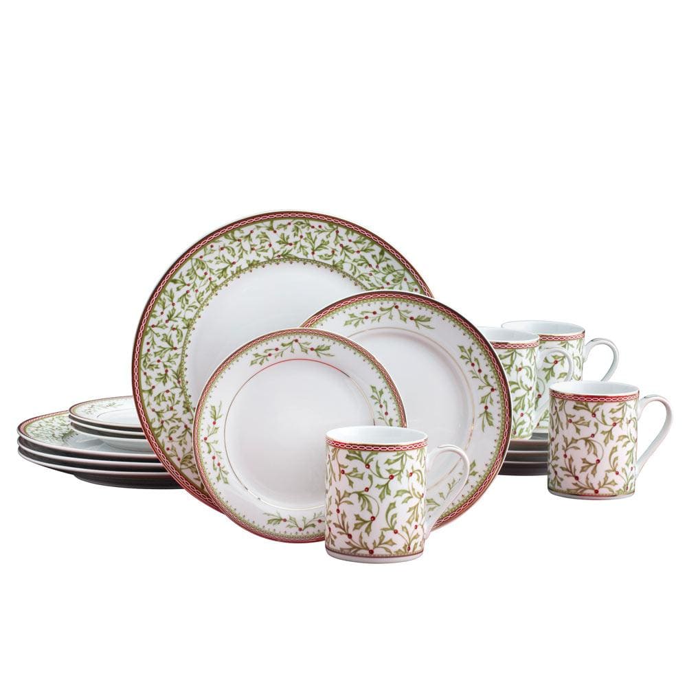 Holiday Traditions 16-Piece Dinnerware Set with 4 Mugs - Elegant Porcelain Tableware for Christmas, Thanksgiving & Family Gatherings