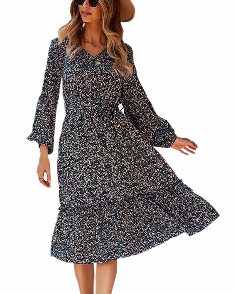 Welity Women's Long Sleeve Floral Print Tie Waist Midi Dress - Elegant Office & Party Wear, Spring Summer Casual Dress with Pockets