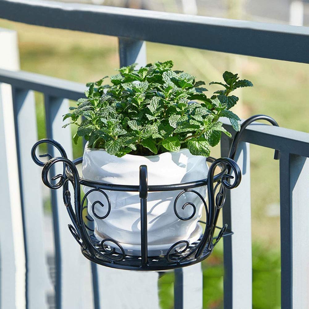 LXTIN Black Metal Hanging Plant Baskets - Iron Railing Planter for Outdoor Flowers, Balcony & Fence Decor - Perfect for Garden, Patio, and Home Decoration
