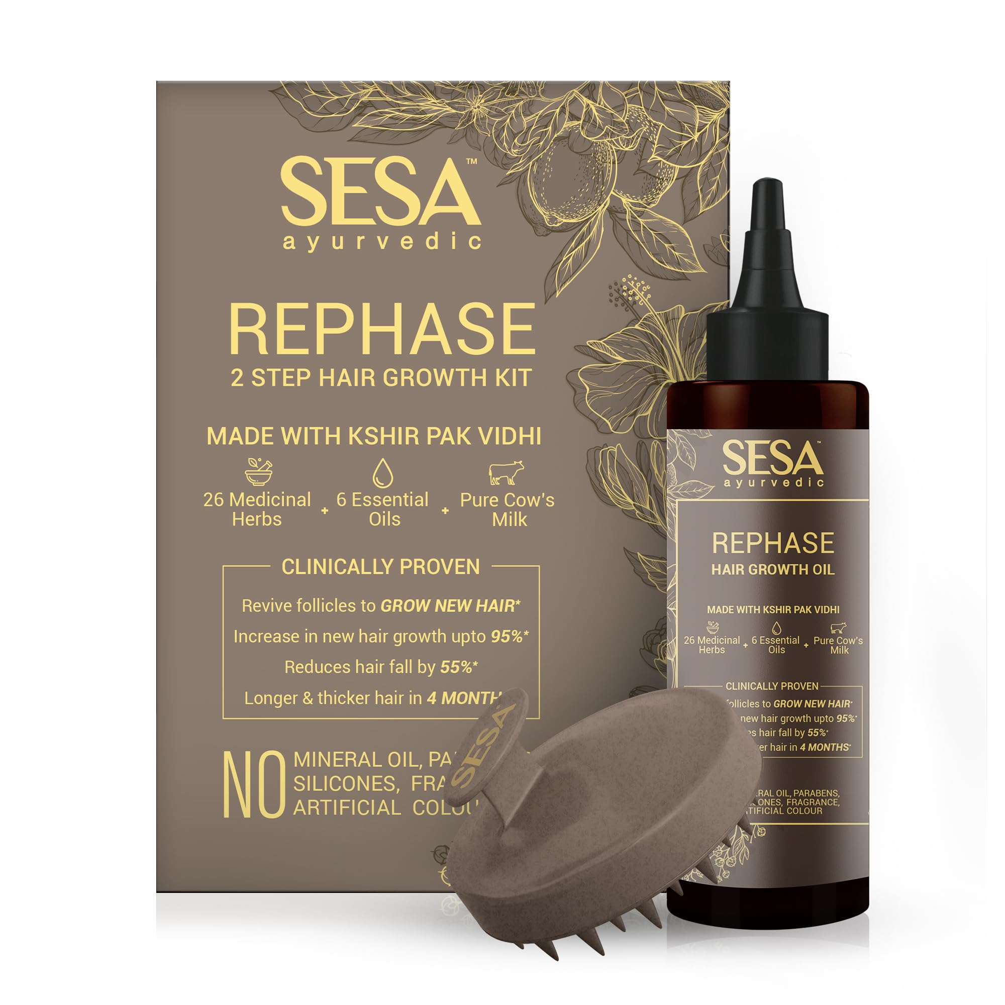 SESA Ayurvedic Rephase 2 Step Hair Growth Oil Kit - 26 Herbs & 6 Essential Oils for Stronger Hair, Reduces Hair Fall with Scalp Massager - 100ml Natural Hair Treatment for Women & Men - Perfect for Daily Hair Care & Scalp Nourishment