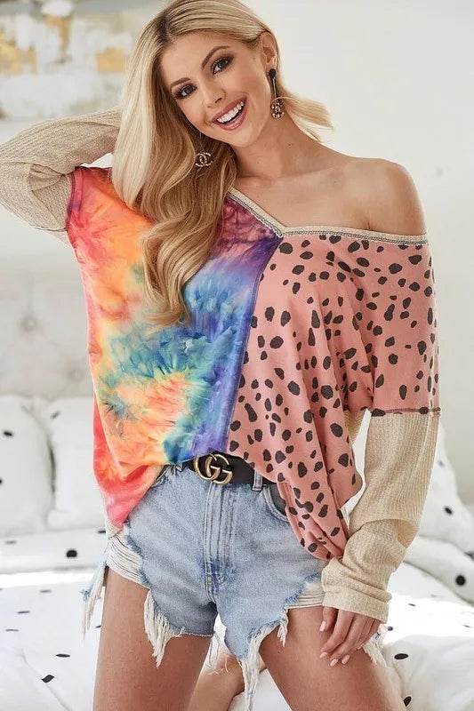 Bibi Print Block V Neck Top With Contrast Stitching In Blush | Flowy Casual Blouse for Women | Perfect for Office Wear, Date Nights & Summer Outfits