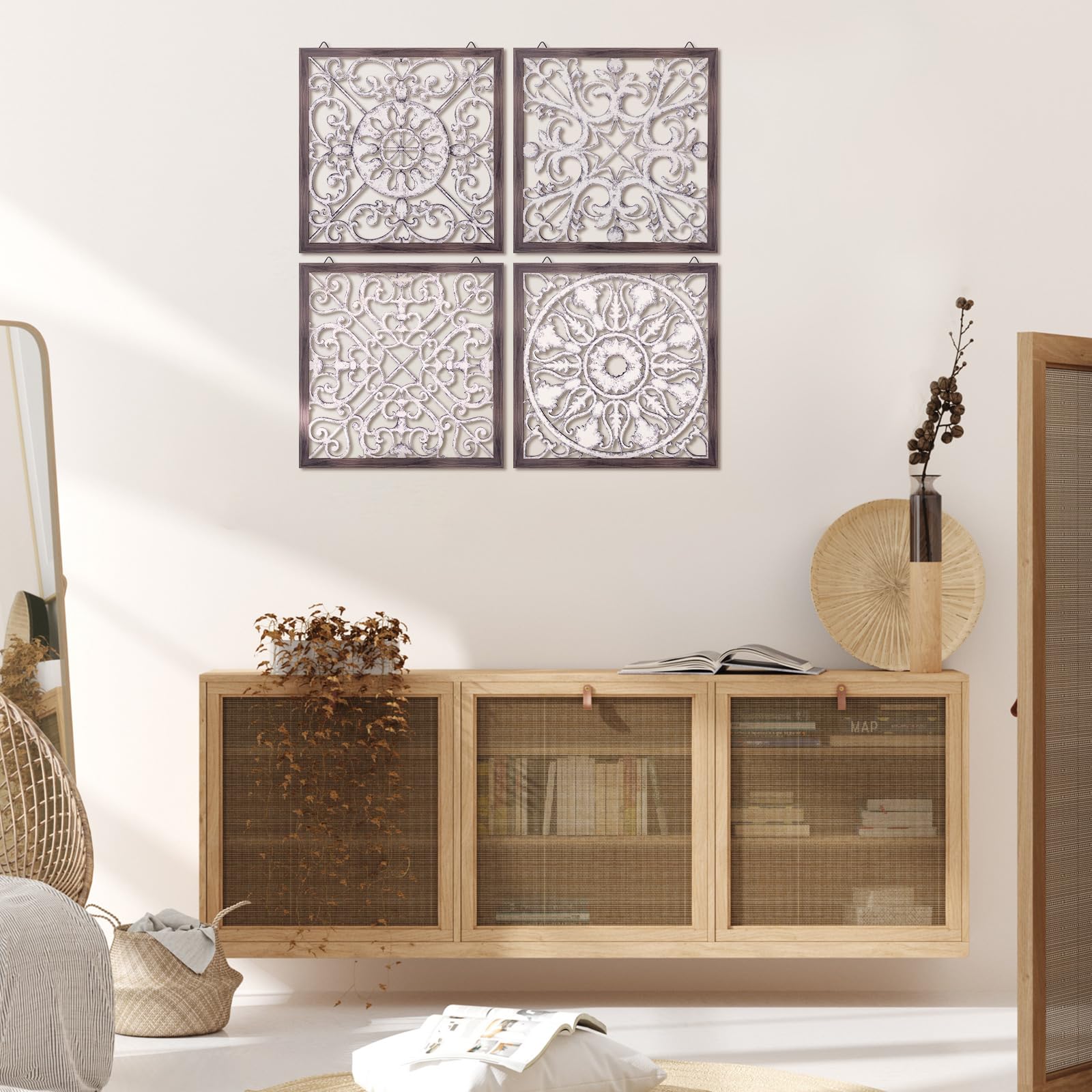 Tatuo 4-Piece Wood Wall Art Decor Set - Farmhouse Style Square Wooden Panels for Modern Home - Brown & White Wall Hangings for Living Room, Kitchen, Dining Room Decor | Perfect for Rustic, Boho & Farmhouse Interior Design