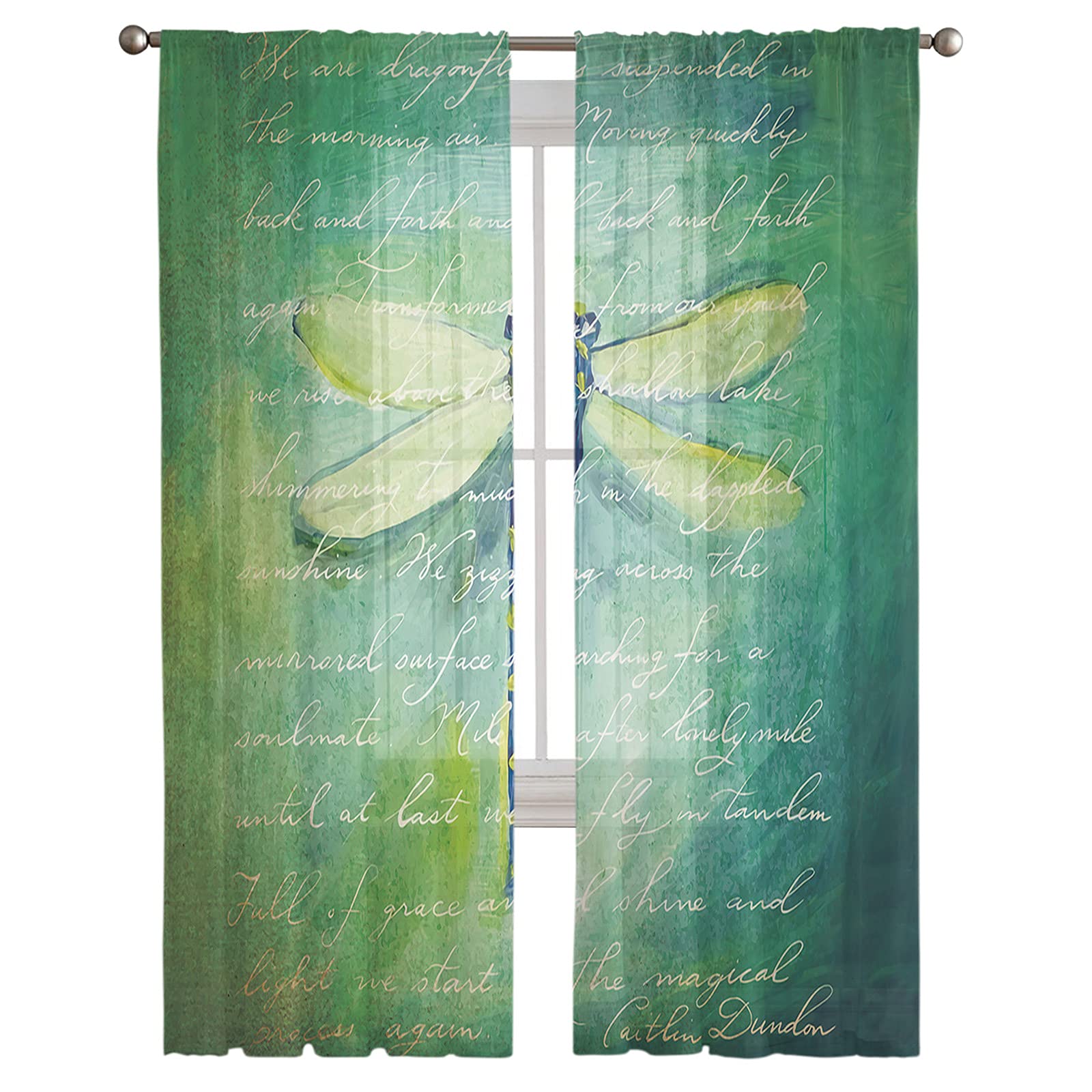 108 Inch Long Semi-Sheer Voile Curtains - 2 Panels Watercolor Teal Dragonfly Design for Living Room, Bedroom & Yard | Soft, Washable Window Sheers for Natural Light & Privacy | Perfect for Home Decor, Nursery & Patio