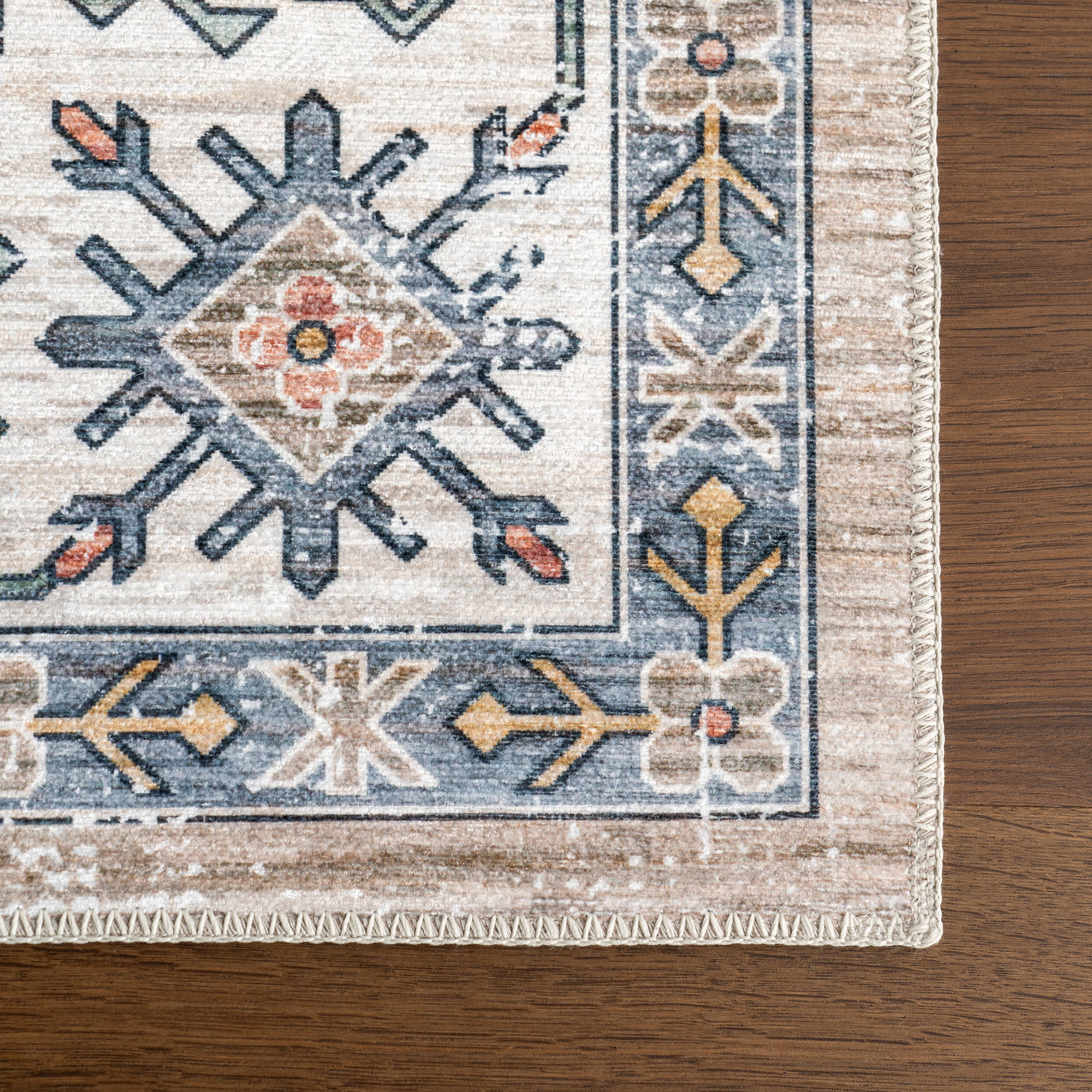 Francesca Timeworn Charm Spill Proof Washable Rug - Soft Non-Slip Kitchen Bathroom Rug - Beige Vintage Style Area Rug for Living Room, Bedroom, Entryway