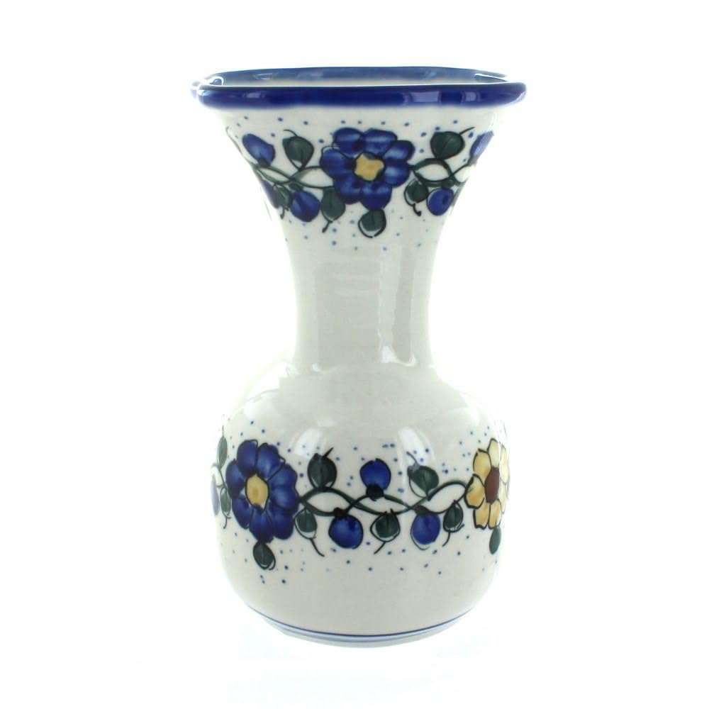 Handmade Blue Rose Polish Pottery Geranium Vase - Authentic Ceramic Flower Vase for Home Decor, Wedding Centerpieces & Garden Floral Arrangements