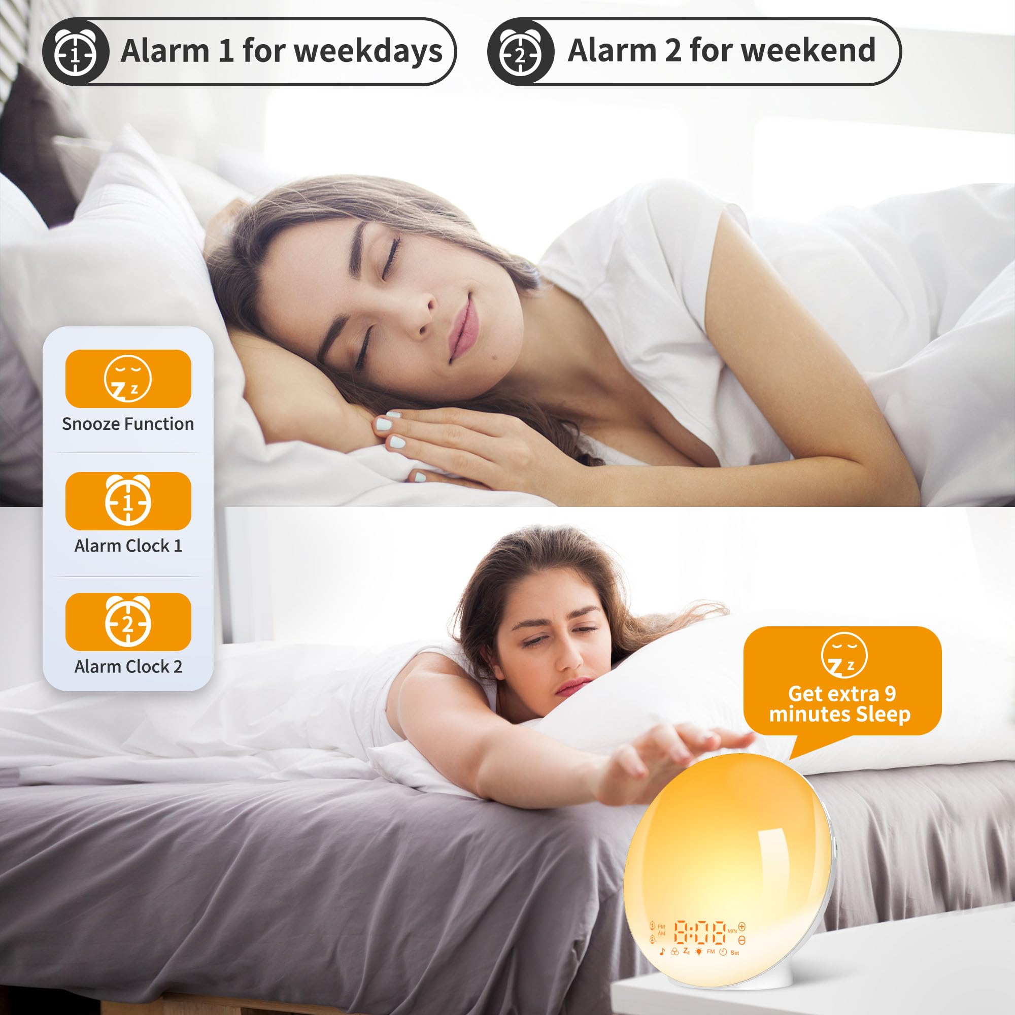 Sunrise Alarm Clock with Wake Up Light - Sunrise/Sunset Simulation, Dual Alarms, FM Radio & 7 Natural Sounds | 11 Color Changing Night Light for Bedroom, Snooze Function (White) - Perfect for Gentle Morning Wake-Ups & Relaxing Nighttime Ambience