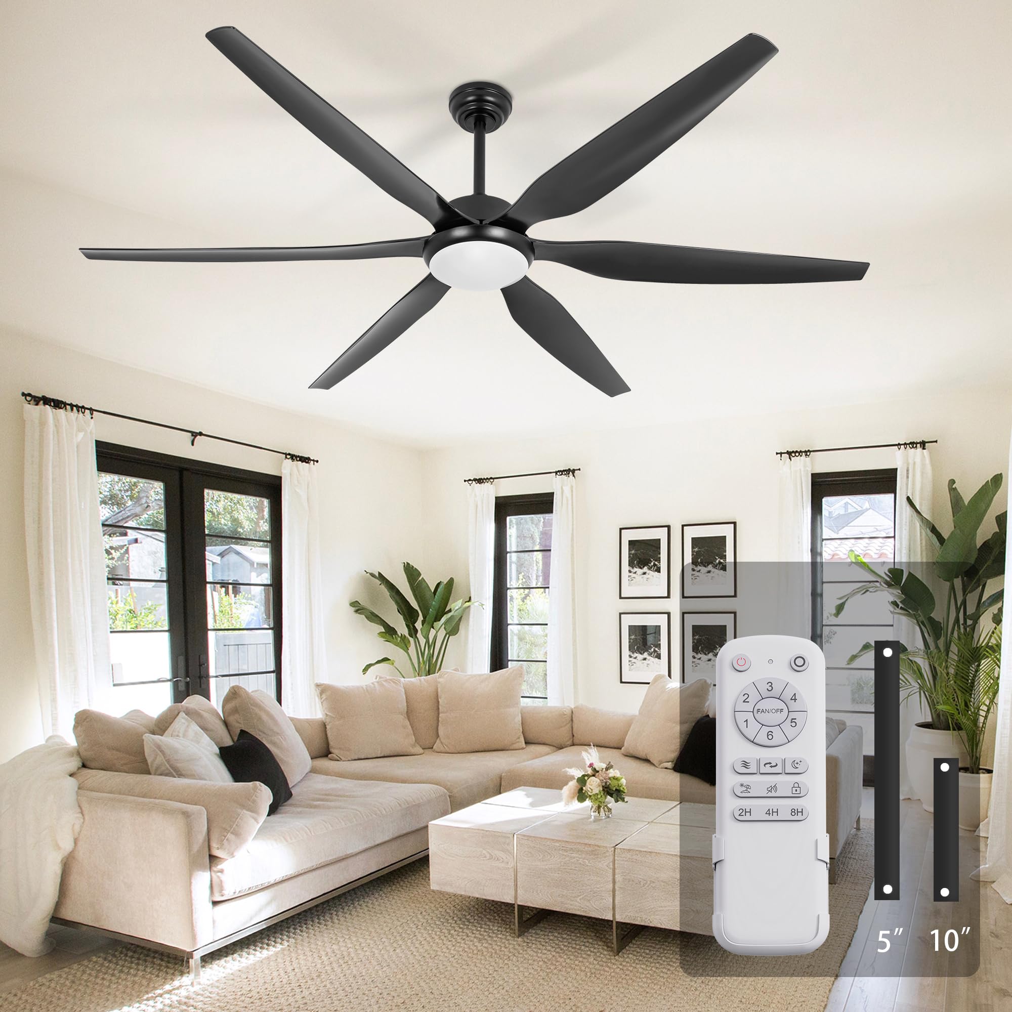 65 Inch Black Ceiling Fan with Lights and Remote Control - 6 Blades, Reversible, 6-Speed Quiet DC Motor - Indoor/Outdoor Use for Bedroom, Patio, Farmhouse, Living Room, and Office