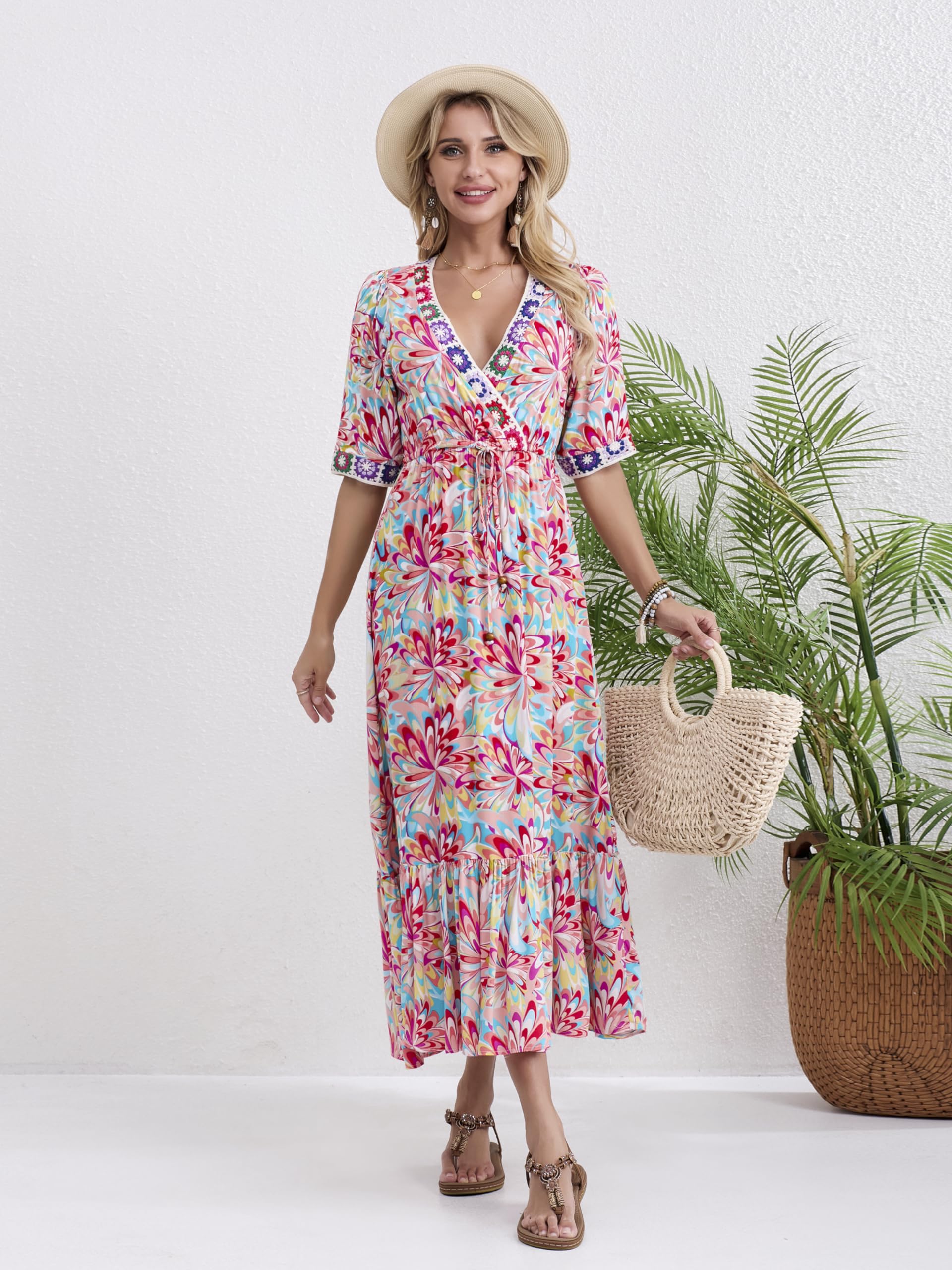 Women's Floral Print V-Neck Short Sleeve High Waist Bohemian Midi Dress - Perfect for Summer Casual Wear, Beach Vacation & Boho Chic Outfits