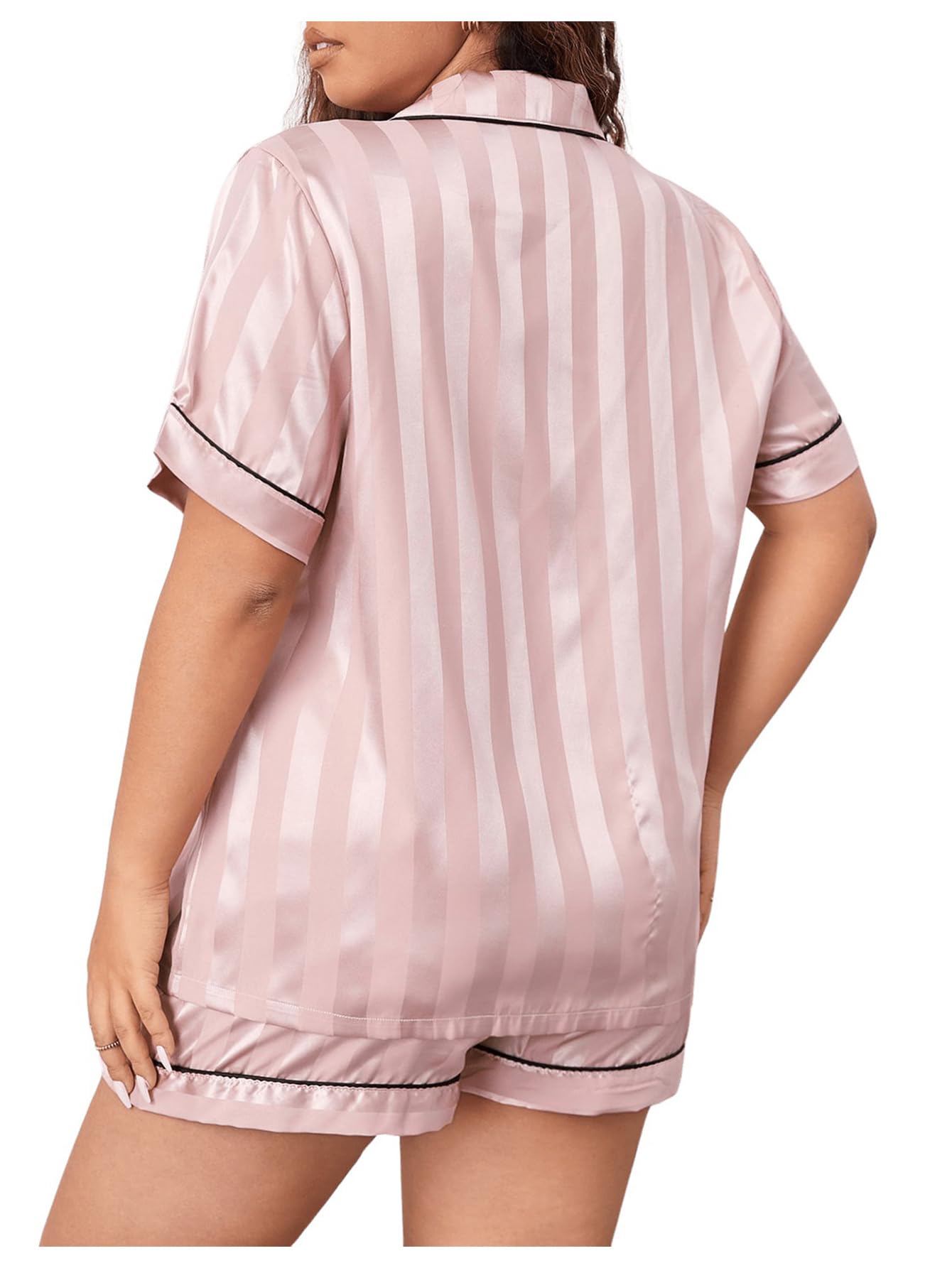 OYOANGLE Women's Plus Size Satin Pajama Set - Short Sleeve Button Up Sleepwear & Lounge Outfit for Comfortable Nights, Relaxing at Home, and Travel