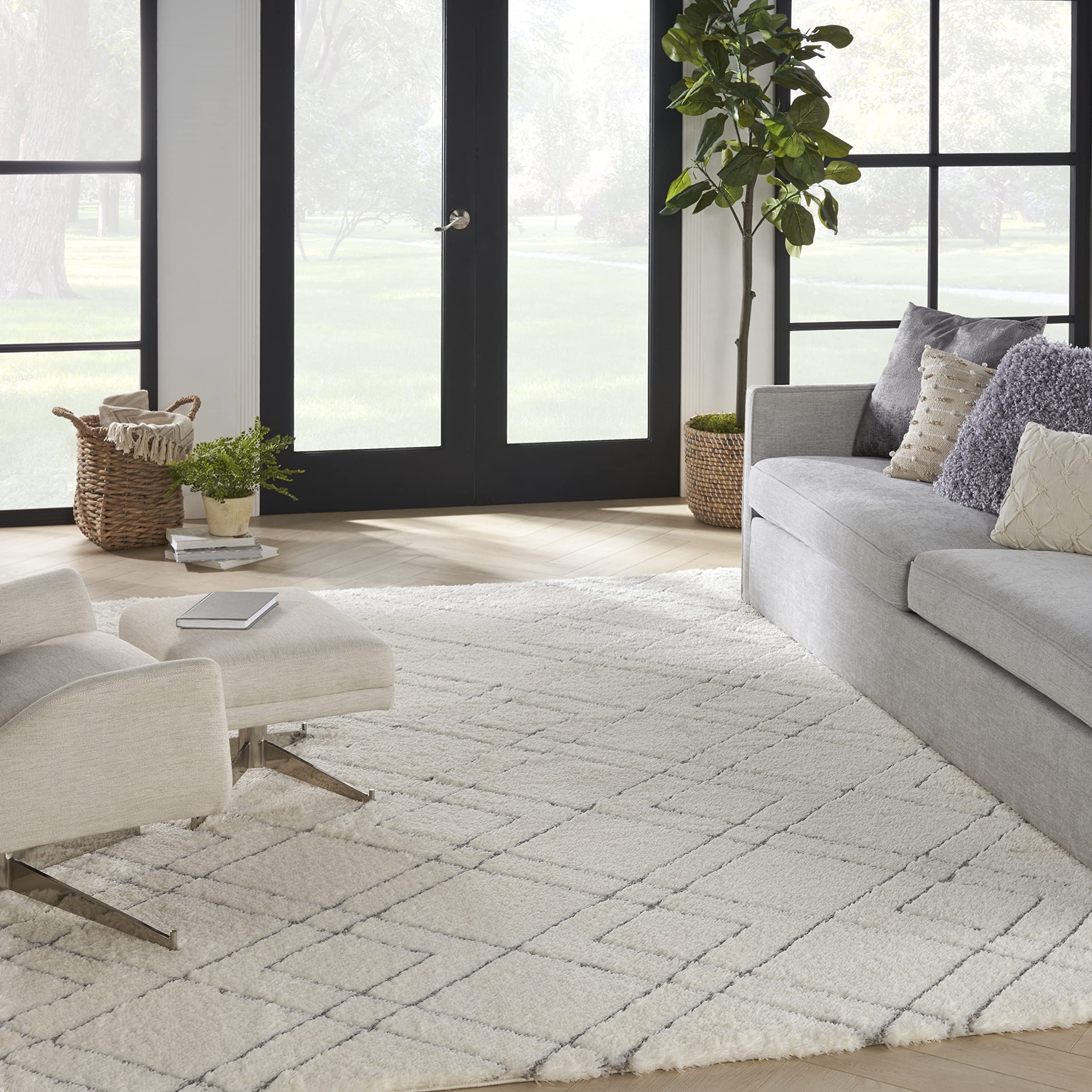 Nourison Luxurious Shag Lattice Ivory 8x10 Area Rug - Soft Plush, Easy to Clean, Non-Shedding for Bedroom, Living Room & Dining Room | Perfect for Cozy Home Decor & High Traffic Areas