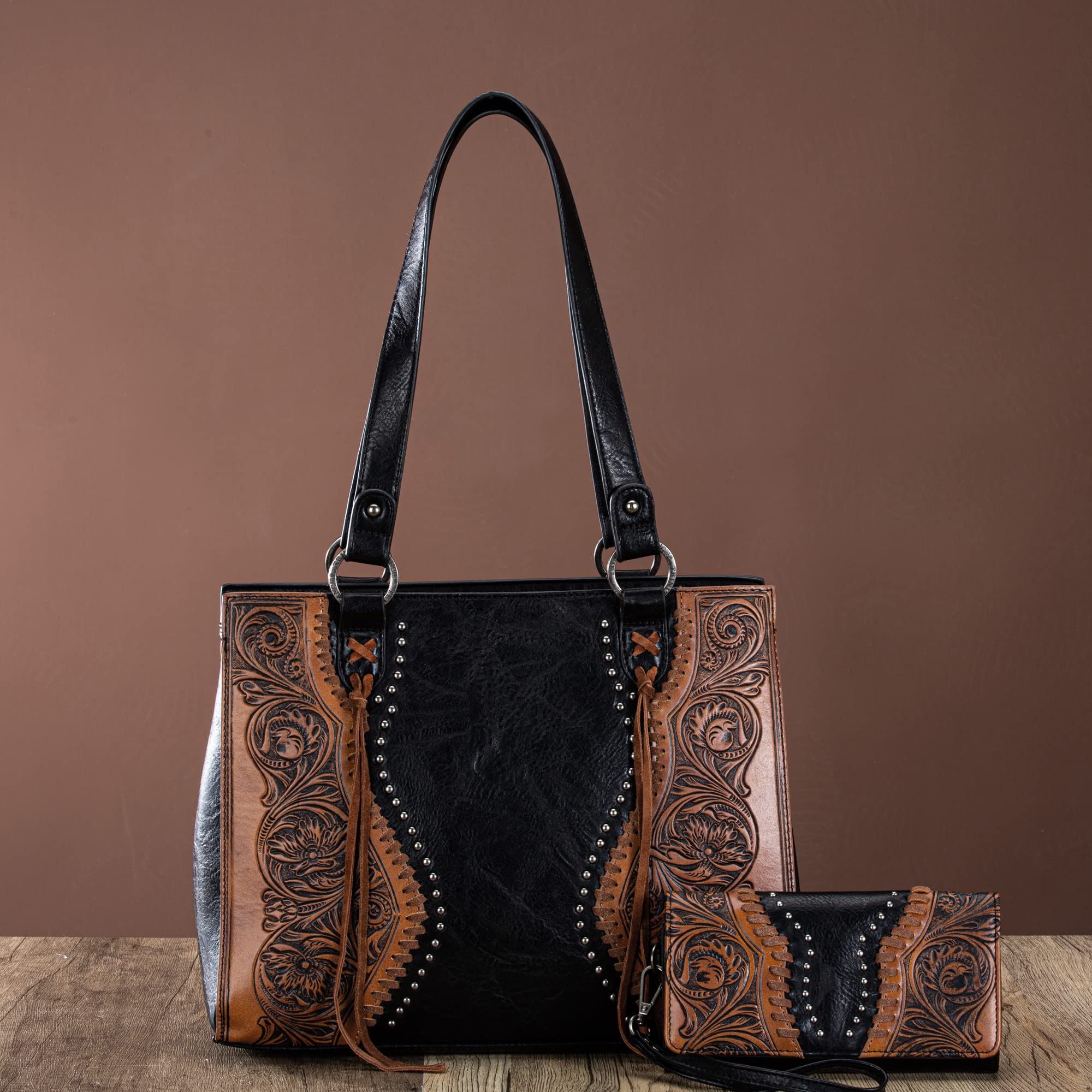Montana West Western Tote Bag for Women - Floral Tooling Leather Shoulder Handbag with Matching Wallet Set | Perfect for Work, Travel & Country Western Fashion