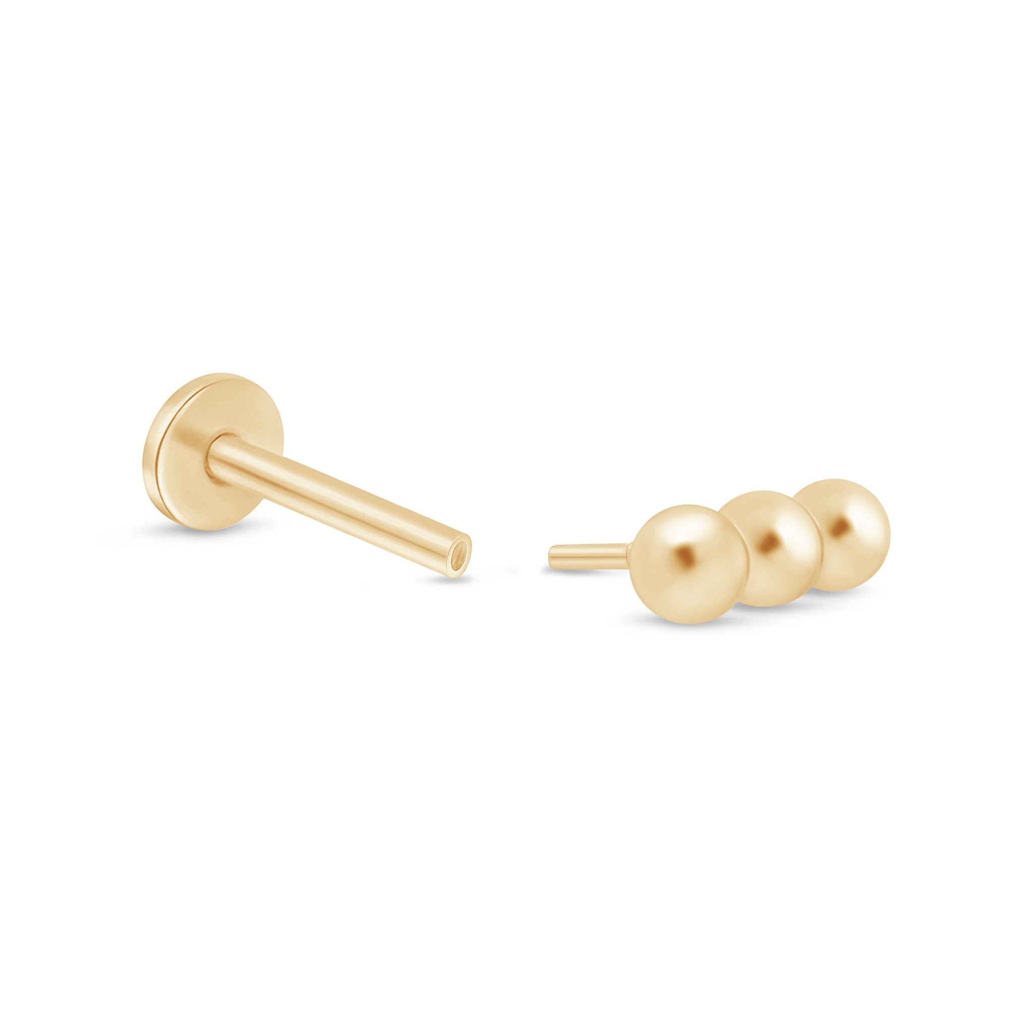 14K Solid Yellow Gold Three Bead Bar Flat Back Stud Earrings - Perfect for Everyday Wear, Gifts & Special Occasions