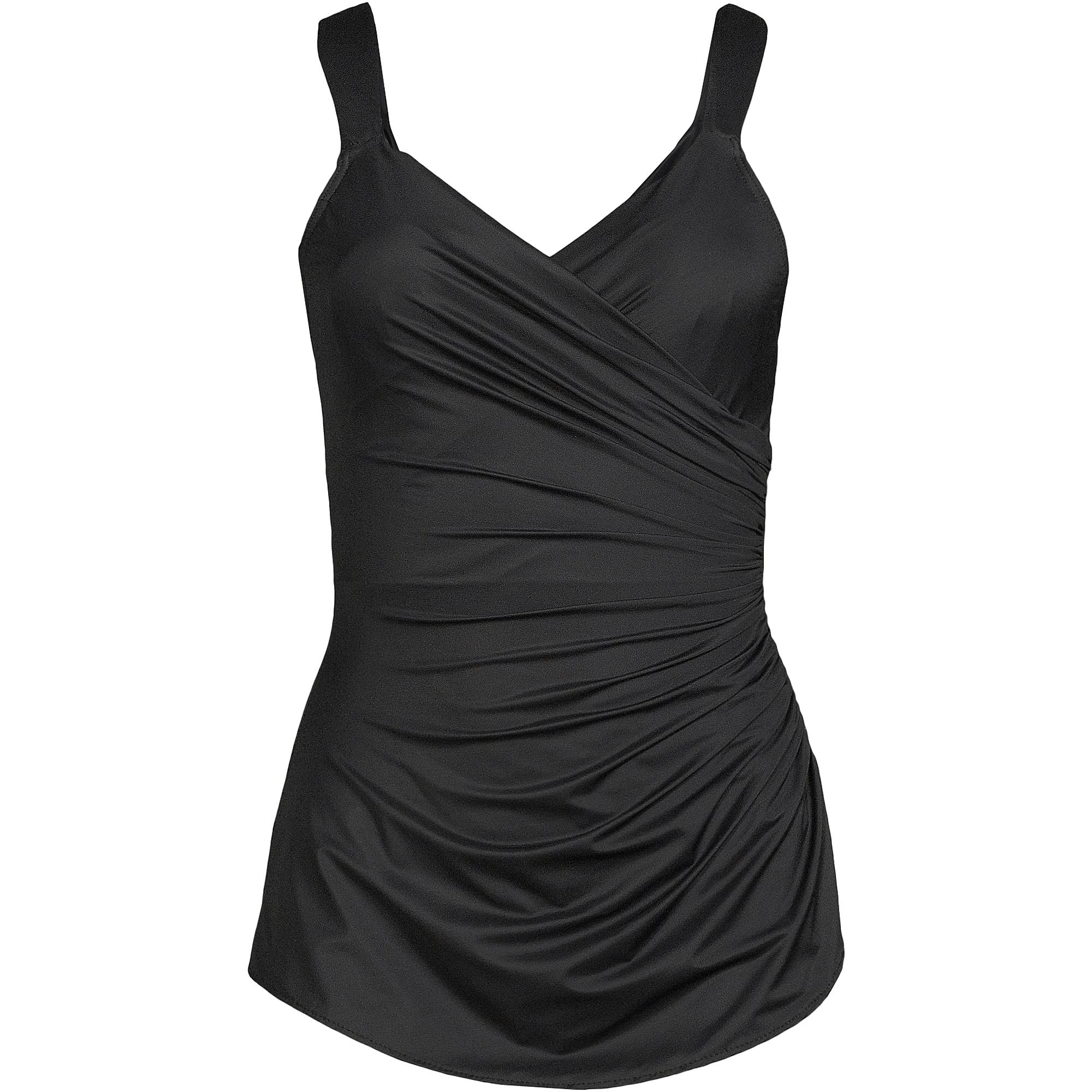 Lands' End Women's Slender V-Neck Tunic One Piece Swimsuit - Black Petite Size 12 | Flattering Swimwear for Beach, Pool & Vacation