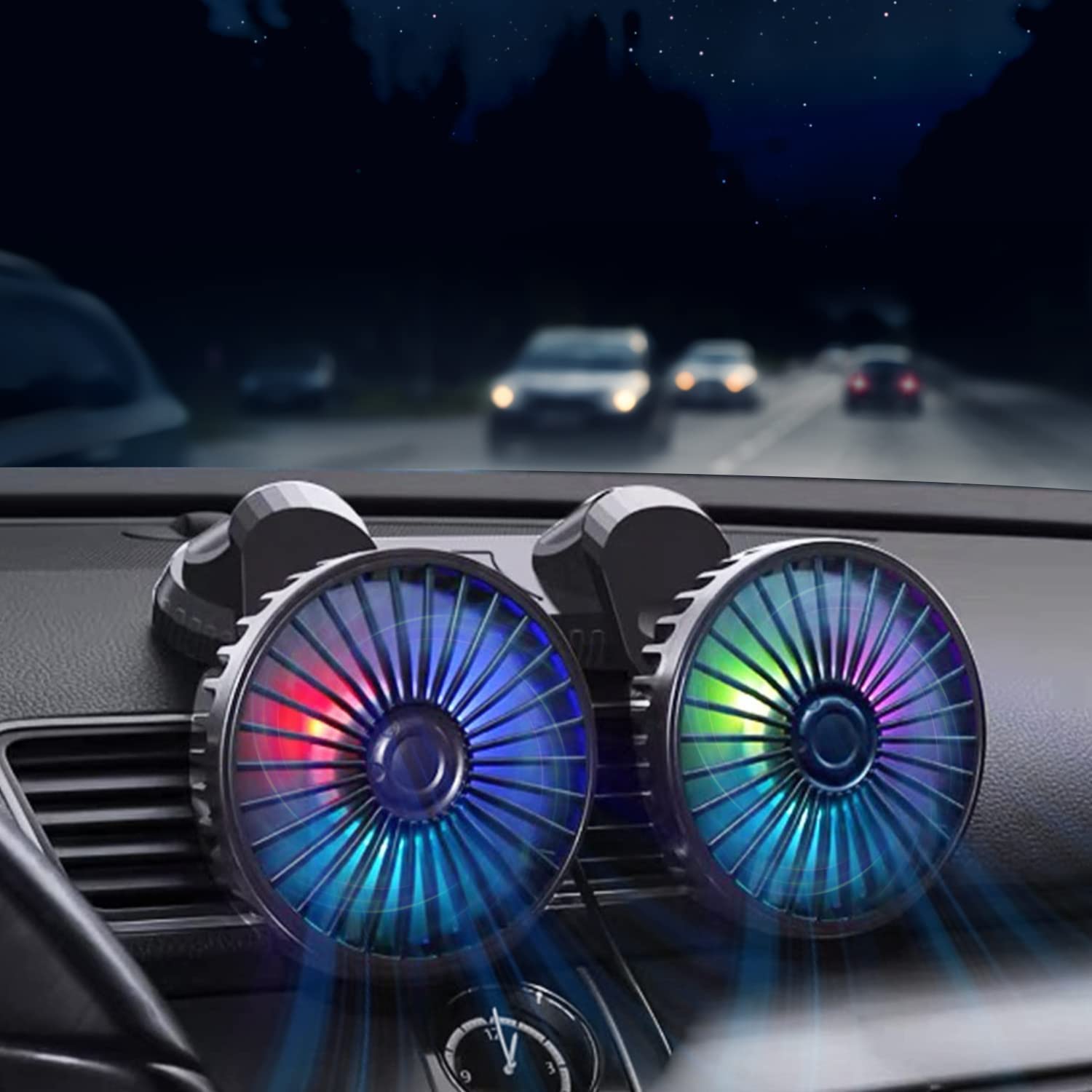 360° Adjustable Dual Head Car Fan - Brushless Motor, Low Noise, USB Powered Cooling Fan for Cars, SUVs, RVs, Trucks & Boats (With Color LED Light) | Perfect for Road Trips, Camping & Summer Driving