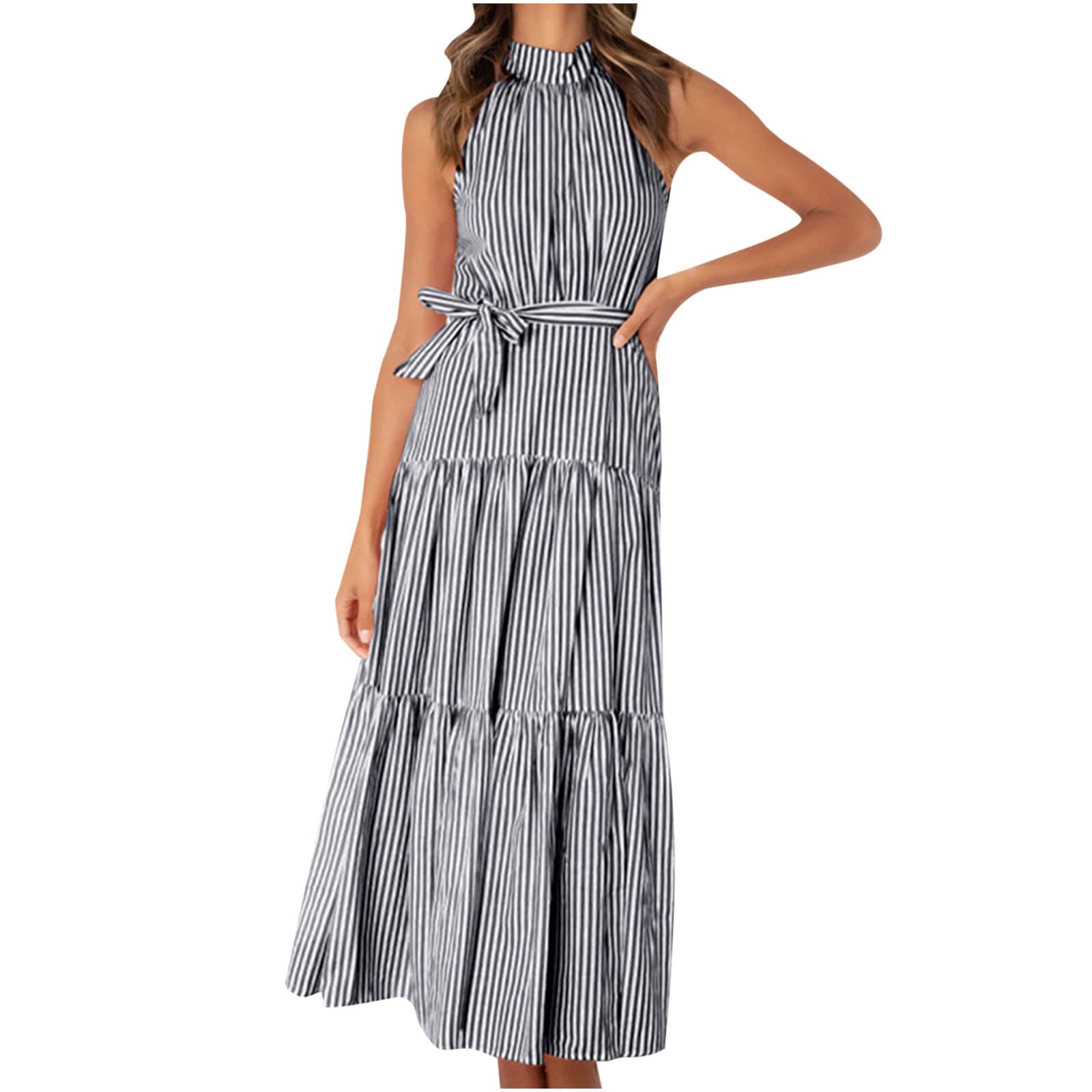 Women's Bohemian Maxi Dress - Floral Stripe Print Halter Sleeveless Long Beach Dress for Summer | Perfect for Vacations, Beach Outings & Casual Wear