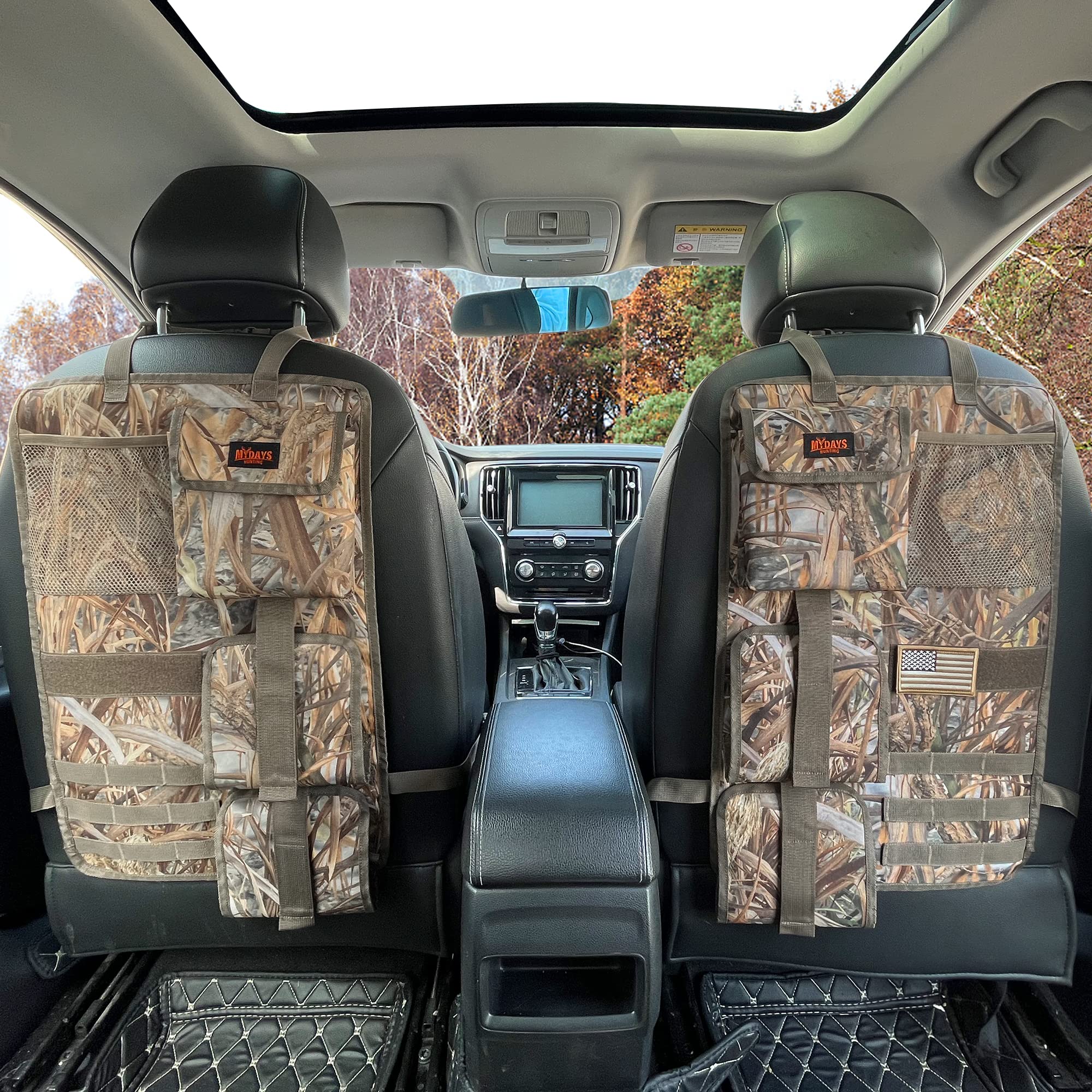 MYDAYS 2 Pack Tactical Gun Organizer for Car Seats - Molle Panel Vehicle Storage for Hunting Rifles & Shotguns (Camo) - Perfect for Hunting Trips, Road Trips & Outdoor Adventures