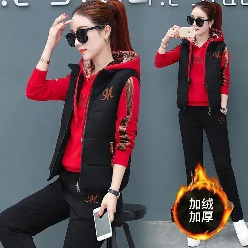 2024 Women's Winter Warm 3-Piece Tracksuit Set - Thick Fleece Hoodie, Waistcoat & Pants for Casual Outfits | Cozy Fall & Winter Loungewear, Gym, Travel & Everyday Wear