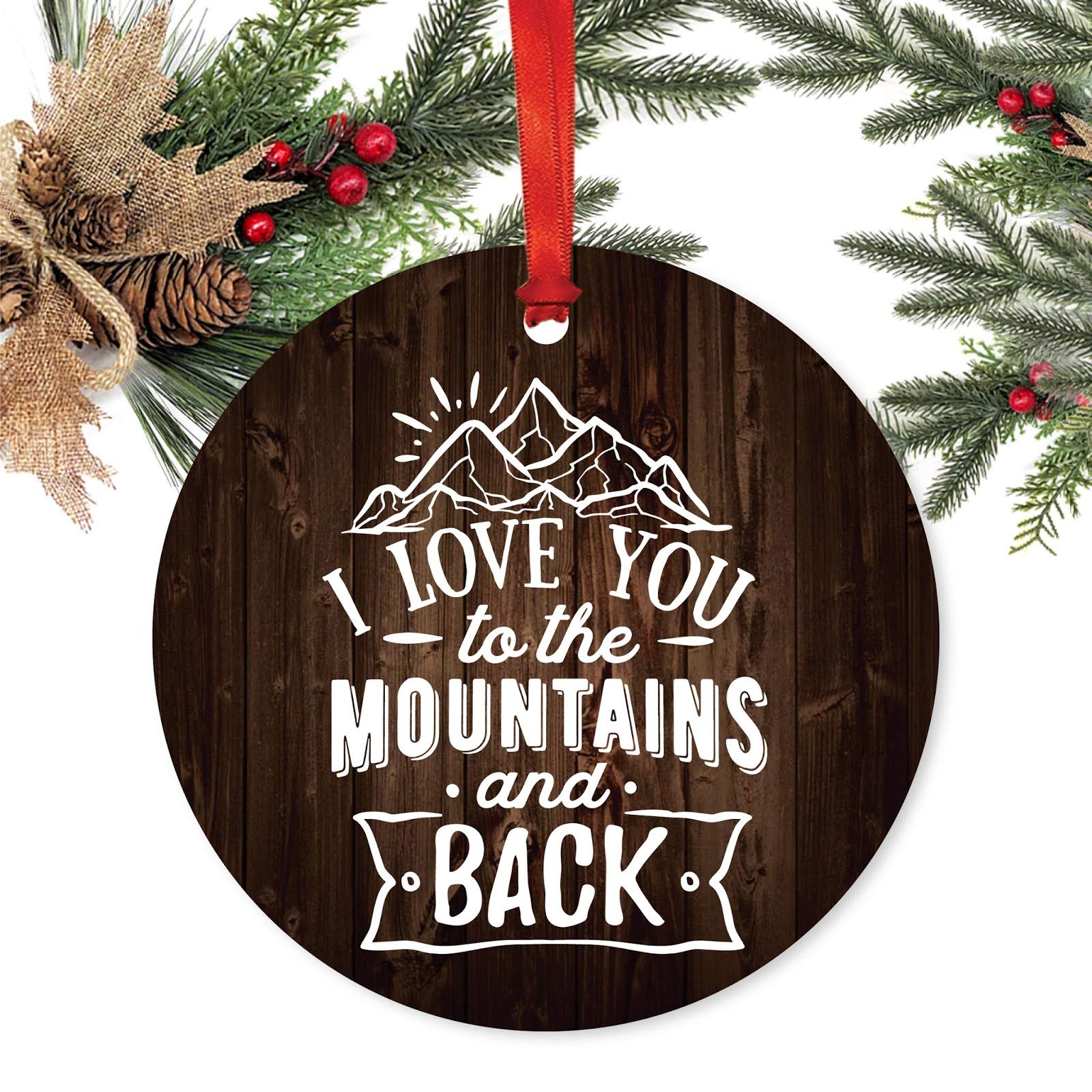 Rustic Wood & Metal Farmhouse Christmas Ornament - 'I Love You to The Mountains and Back' Keepsake - 1-Pack with Ribbon & Gift Bag - Perfect for Holiday Decor, Tree Trimming & Thoughtful Gifting
