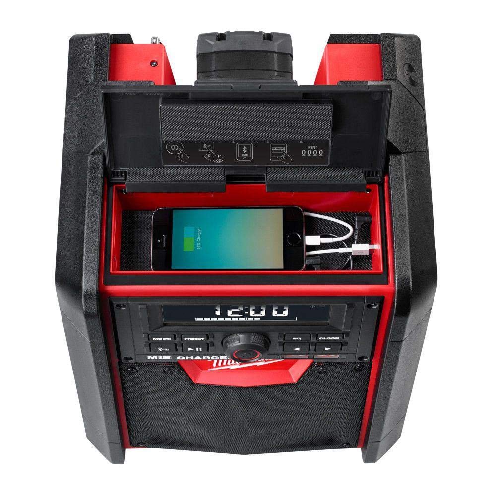 Milwaukee 2792-20 Jobsite Radio with USB Charger | Portable Bluetooth Speaker for Construction Sites, Workshops & Outdoor Work | Weather-Resistant AM/FM Radio with Power Tool Battery Compatibility