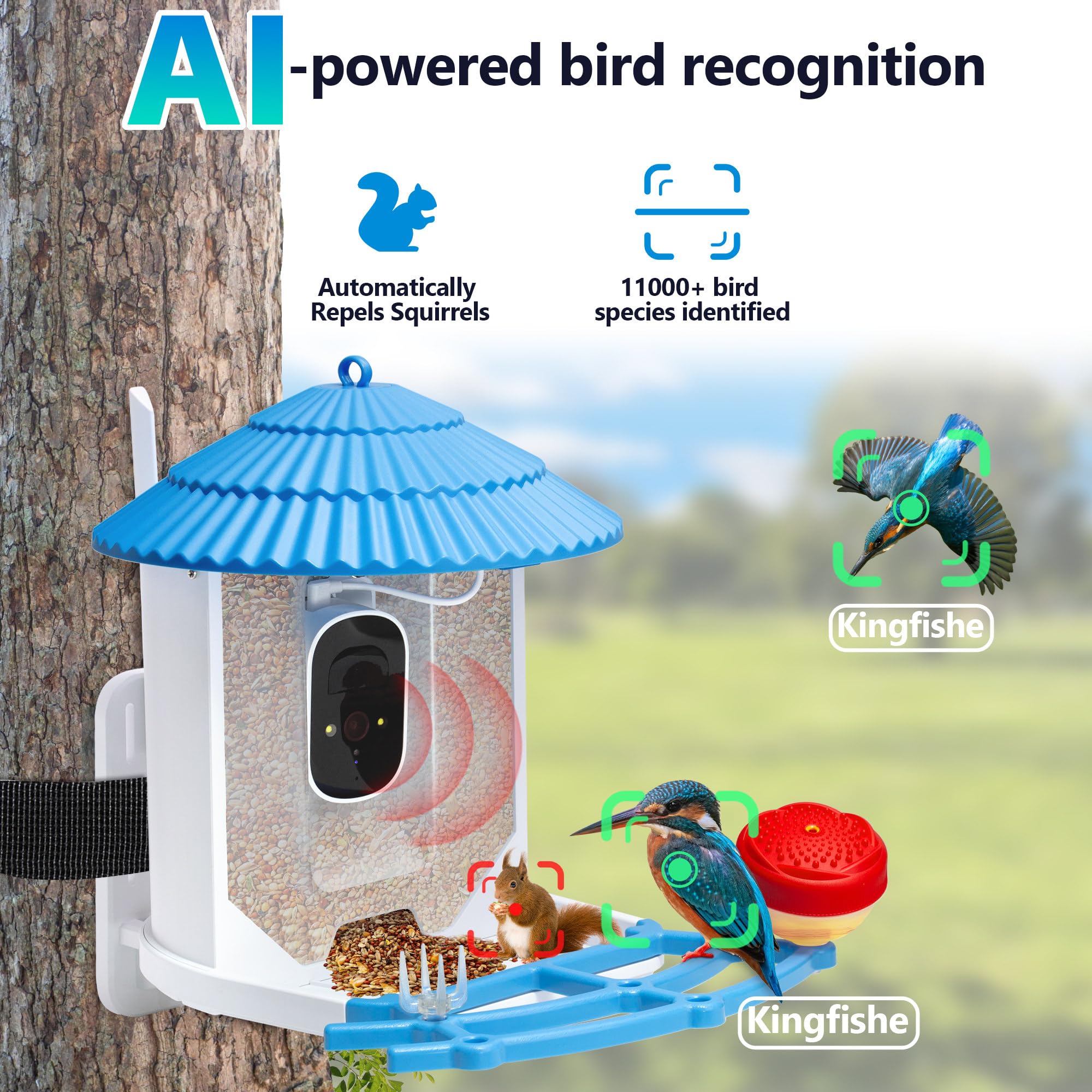 Smart WiFi Bird Feeder with Camera - Solar Powered Squirrel Proof Outdoor Birdhouse for Hummingbirds & Wild Birds - Wireless Video Monitoring, Perfect Garden Gift for Dad, Mom, Women & Bird Lovers (Great for Backyard Bird Watching & Nature Observation)