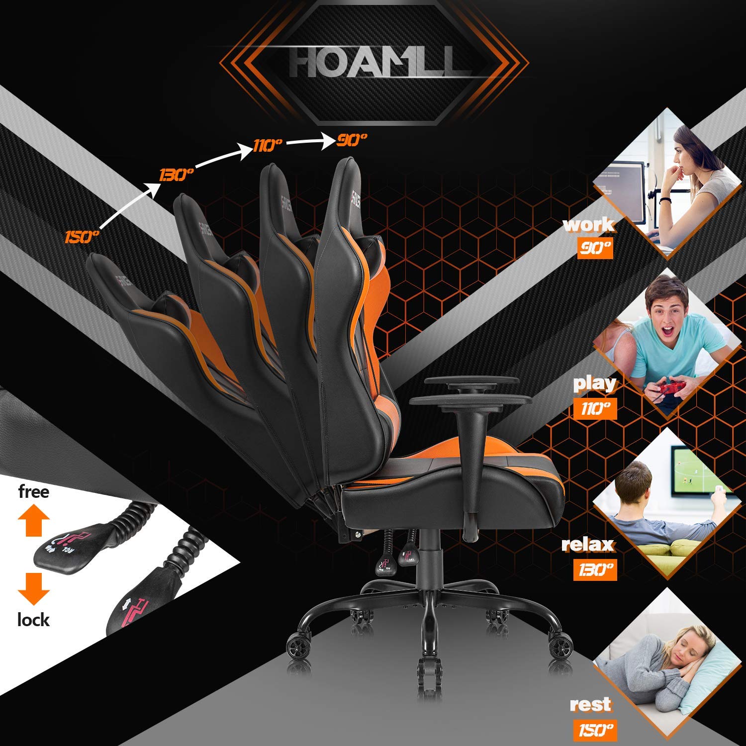 Homall Gaming Office Chair - High Back Ergonomic Computer Desk Chair with Adjustable Height, PU Leather, Headrest & Swivel for Adults (Orange) - Perfect for Gaming, Work & Home Office Use