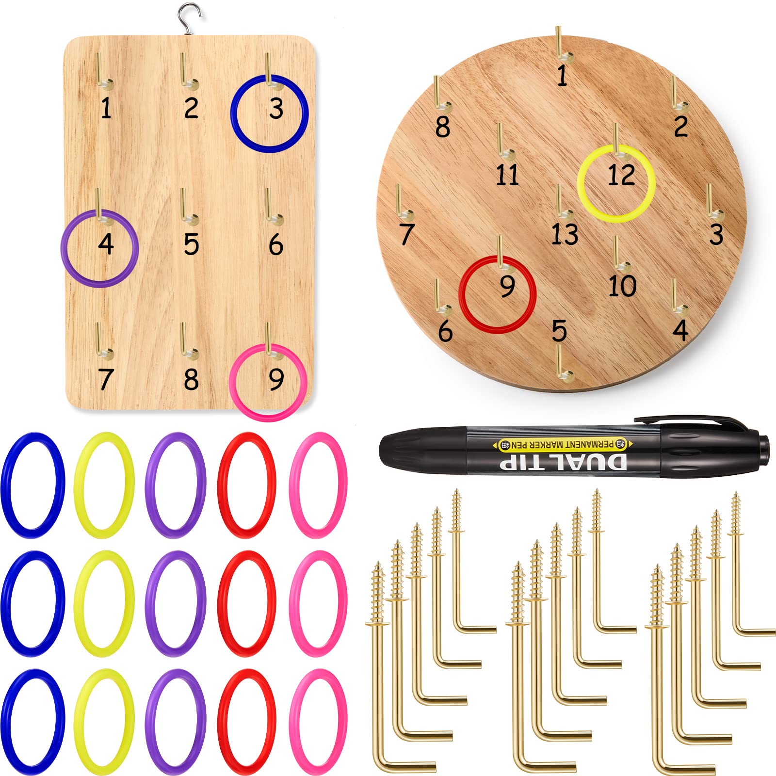 31-Piece Hook and Ring Toss Game Set - 15 Metal Hooks & 15 Plastic Rings with Black Marker - Fun Indoor/Outdoor Wall Game for Adults, Kids & Family - Perfect for Backyard Parties, Camping & Game Nights