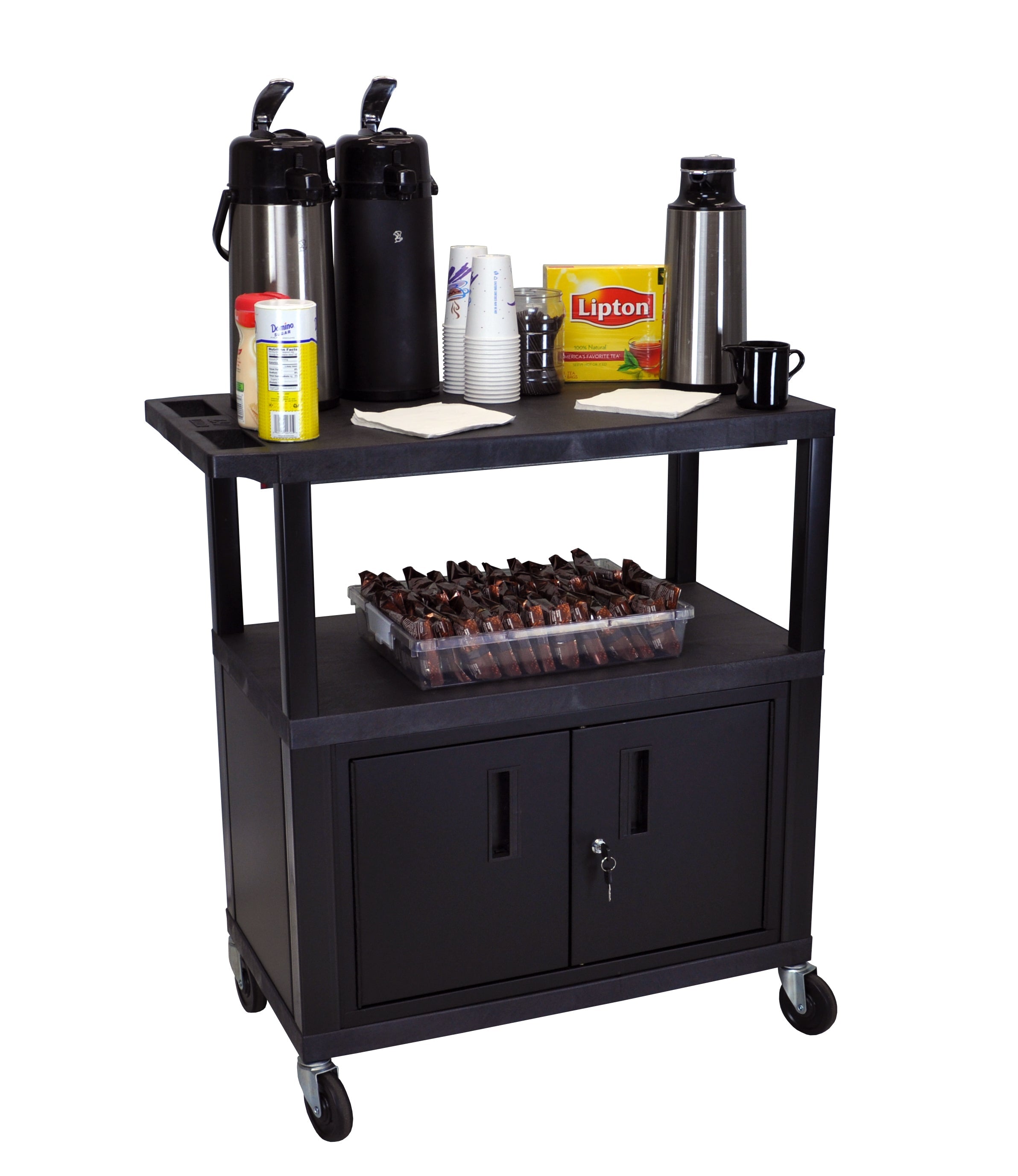 Luxor Black EC38C B 18x32 Rolling Utility Cart with 3 Adjustable Shelves & Storage Cabinet - Perfect for Kitchen, Office, or Workshop Organization