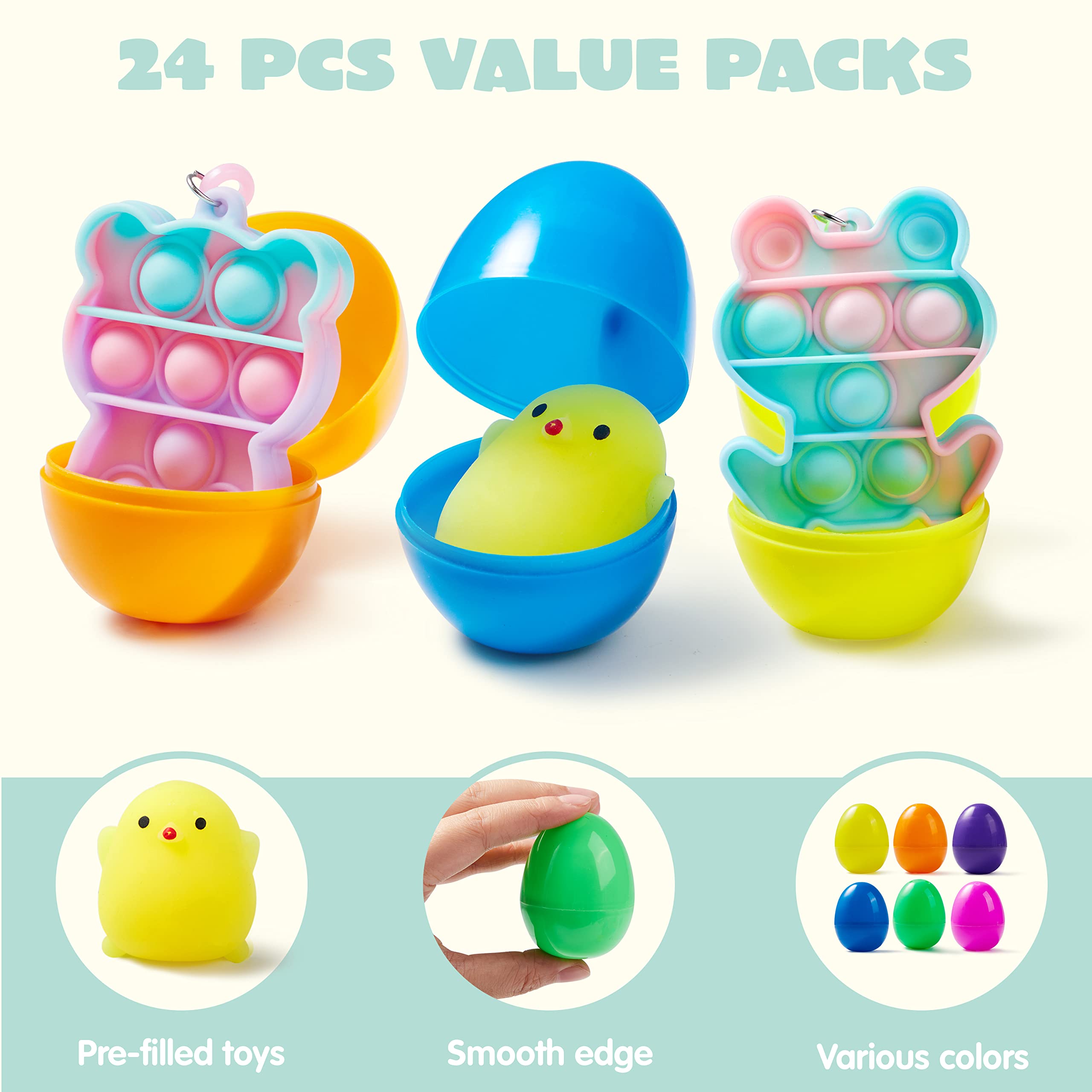 JOYIN 24-Piece Prefilled Easter Eggs with Assorted Toys - Includes Mochi Squishy Toys & Pop Bubble Fidget Keychains - Stress Relief Toys for Kids & Adults - Perfect for Easter Basket Stuffers, Party Favors, Easter Egg Hunt & Sensory Play