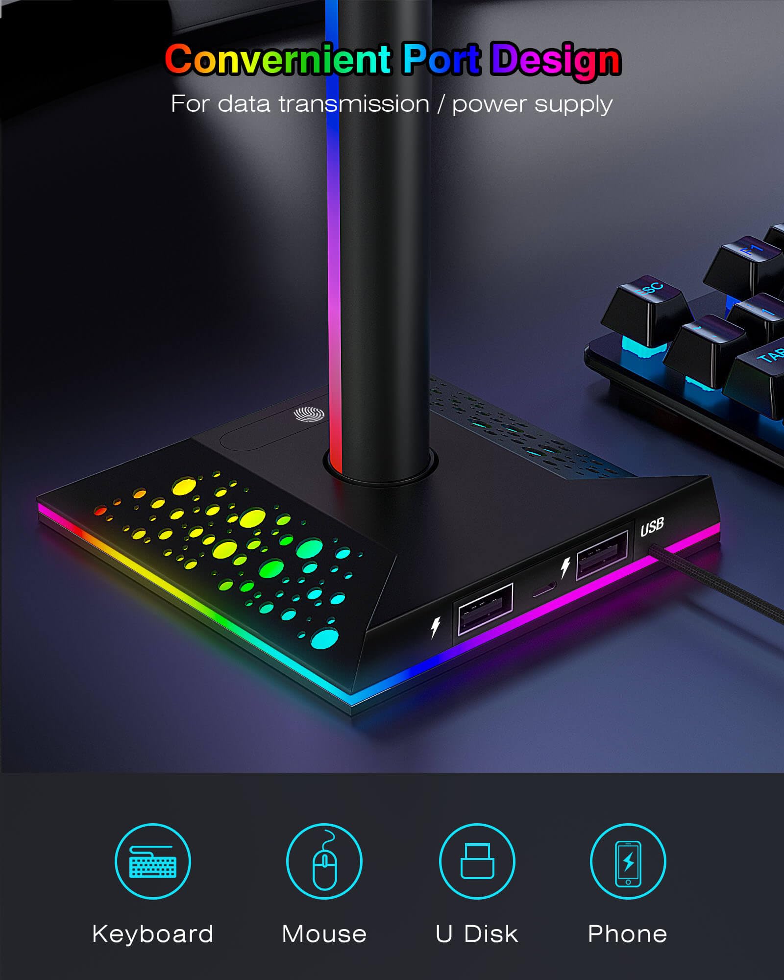 HCMan RGB LED Gaming Headset Stand with 2 USB Chargers - Premium Headphone Holder for PC Desk Accessories | Perfect for Gamers, Streamers & Home Office Setup