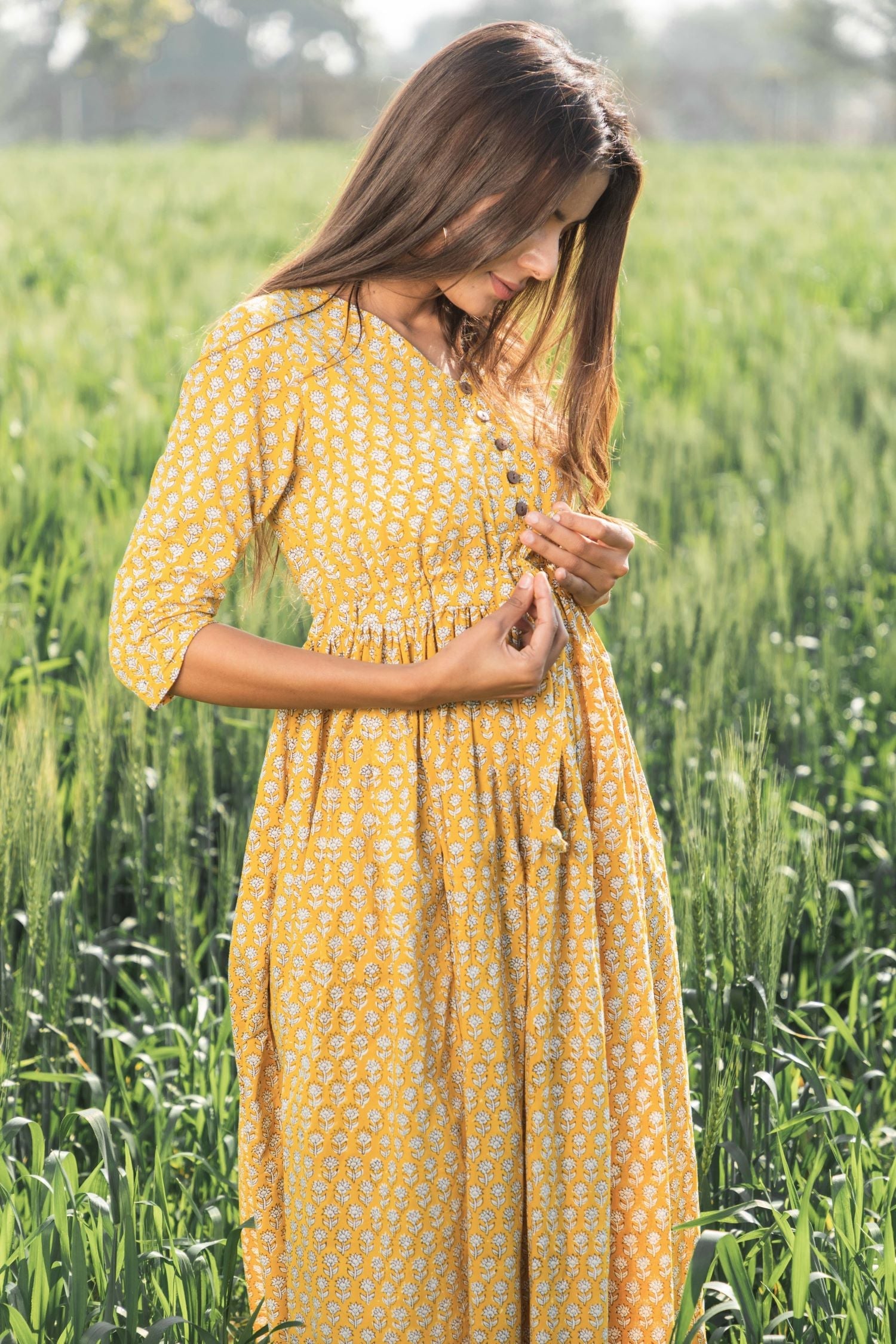 Mustard Medow Azofree Handblock Printed Pure Cotton Dress - Eco-Friendly & Breathable for Summer Outings, Beach Vacations & Boho Fashion