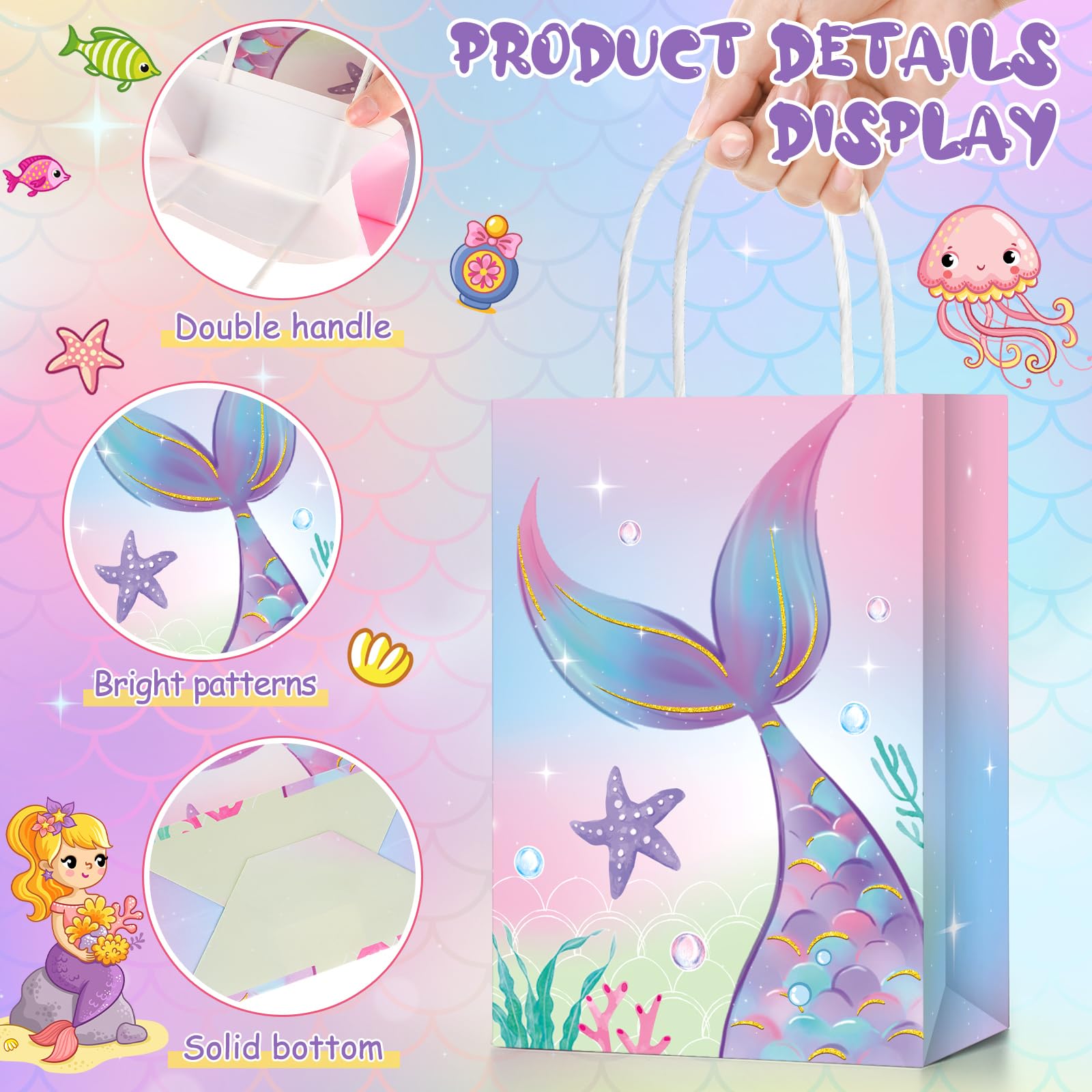 16 Pcs Mermaid Birthday Gift Bags with Tissue Paper - Mermaid Theme Party Favors, Goodie Bags for Candy & Treats - Perfect for Mermaid Themed Birthday Parties, Baby Showers & Ocean Decorations