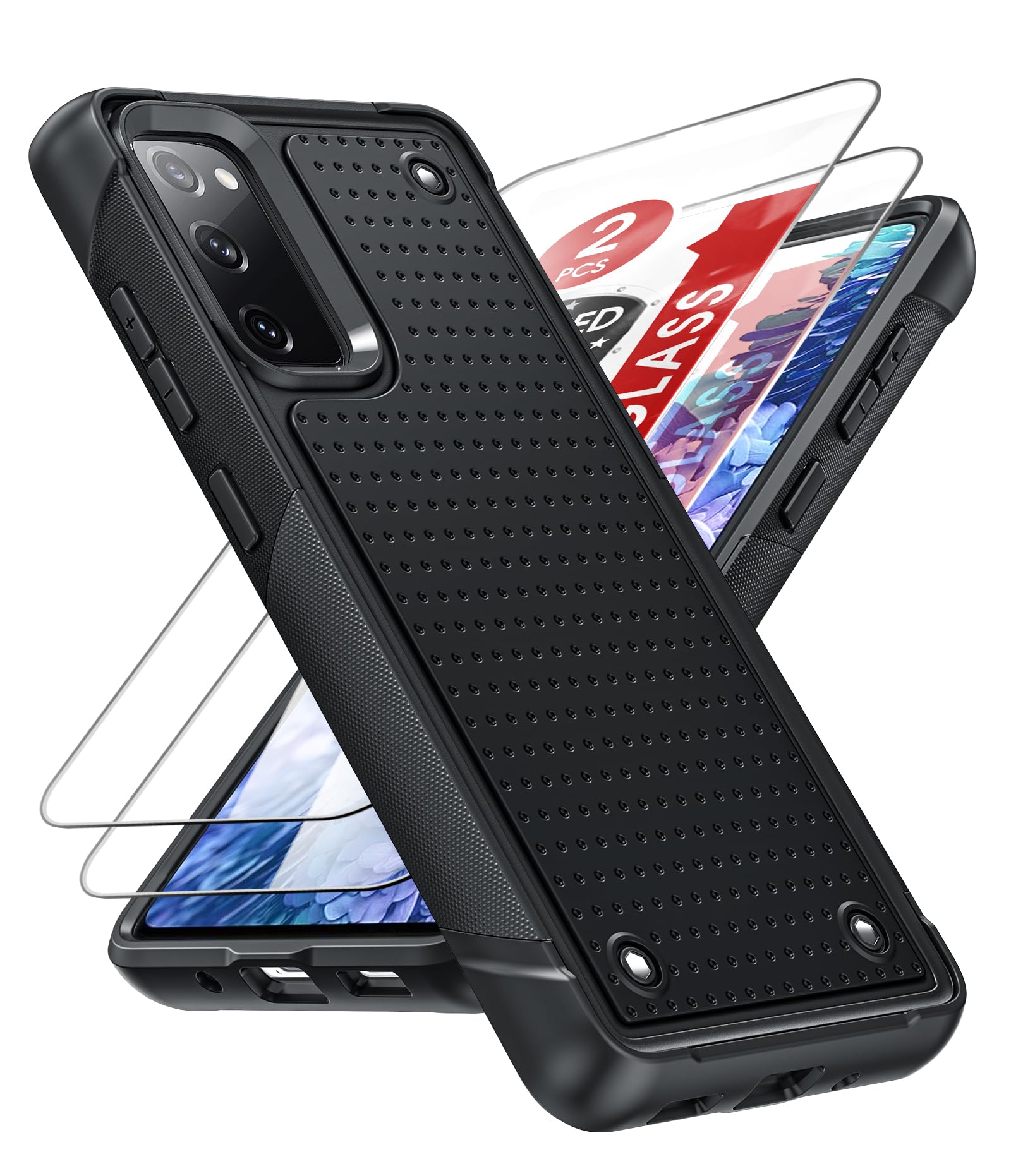 Shockproof Heavy Duty Dual Layer Phone Case for Samsung Galaxy S20 FE 5G - 2 Pack Screen Protectors Included | Hard PC Textured Back & Soft Bumper Cover | Perfect for Outdoor Activities, Work & Travel (Black)
