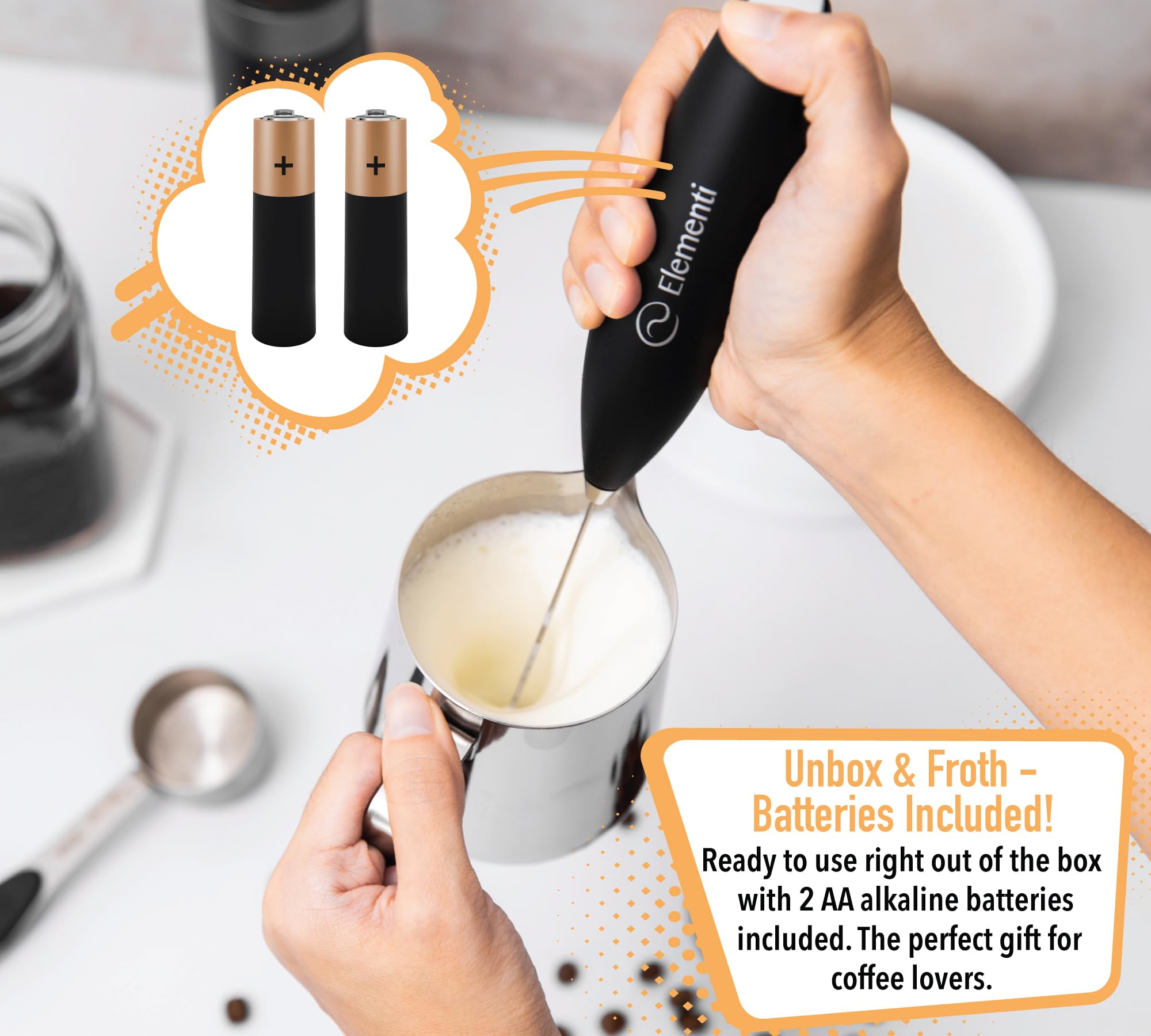 Electric Milk Frother Wand with Double Whisk - Matcha & Coffee Frother - Handheld Drink Mixer for Lattes, Hot Chocolate, Protein Shakes - Battery Powered Mini Whisk (Black) - Perfect for Home, Office & Coffee Shops