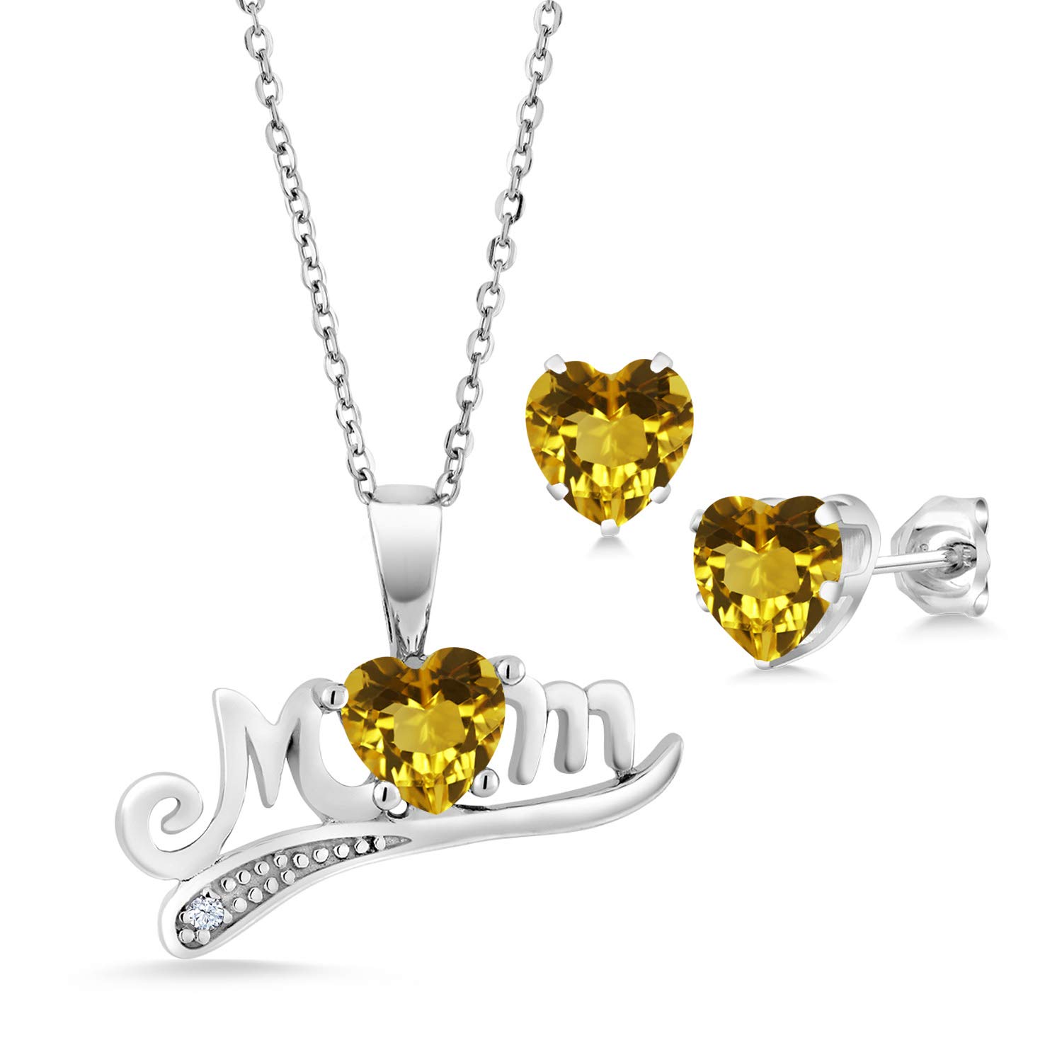 Gem Stone King 925 Sterling Silver 'Mom' 1.39Ct Heart-Shaped Yellow Citrine Pendant & Earrings Jewelry Set - Perfect Gift for Mother's Day, Birthday & Anniversary