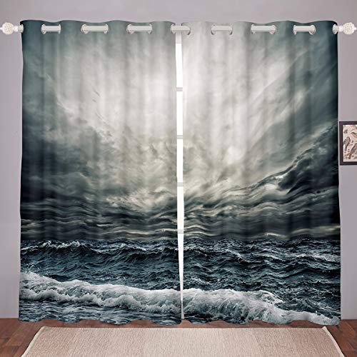 Ocean Wave Window Curtains - Grey Stormy Sea Drapes 84x90