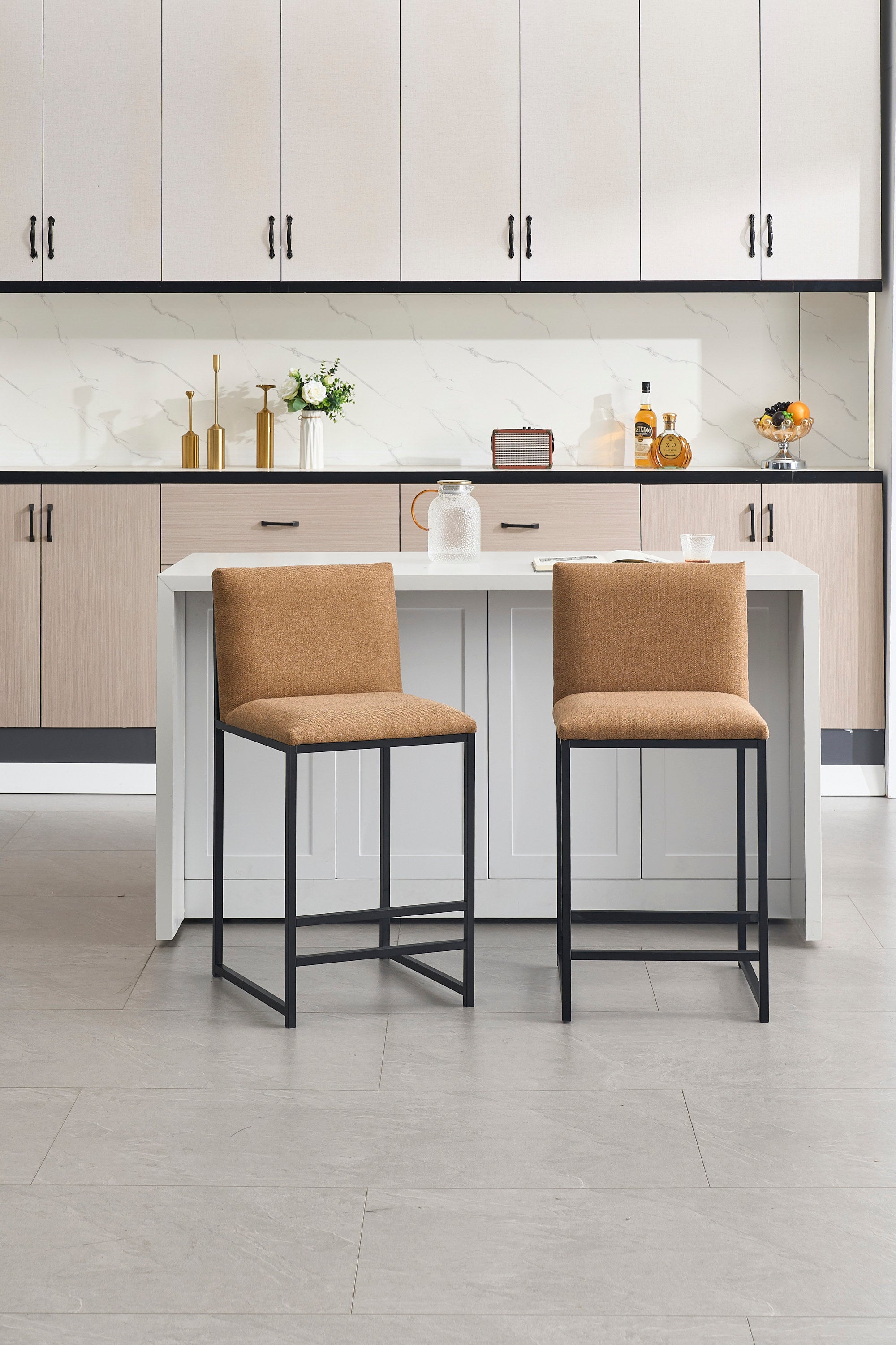 2-Pack Counter Height Bar Stools with Upholstered Linen Seats & Metal Footrest - Modern Kitchen Island Stools for Dining Room, Breakfast Nook, Coffee Shop or Home Bar (Black/Gray)