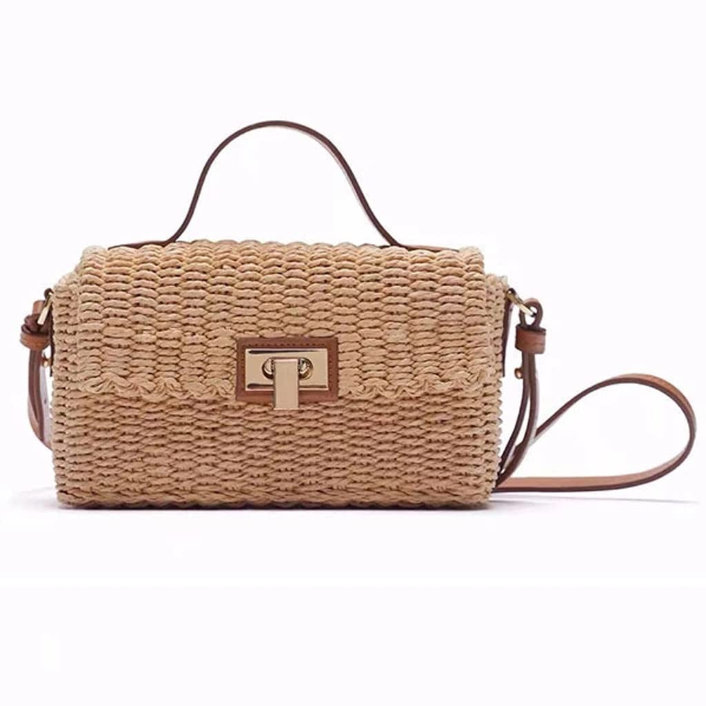 Stylish Woven Brown Straw Shoulder Bag for Women - Natural Summer Messenger Purse with Rattan Accents | Perfect for Beach Outings, Picnics & Boho Fashion | One Size (Color A)