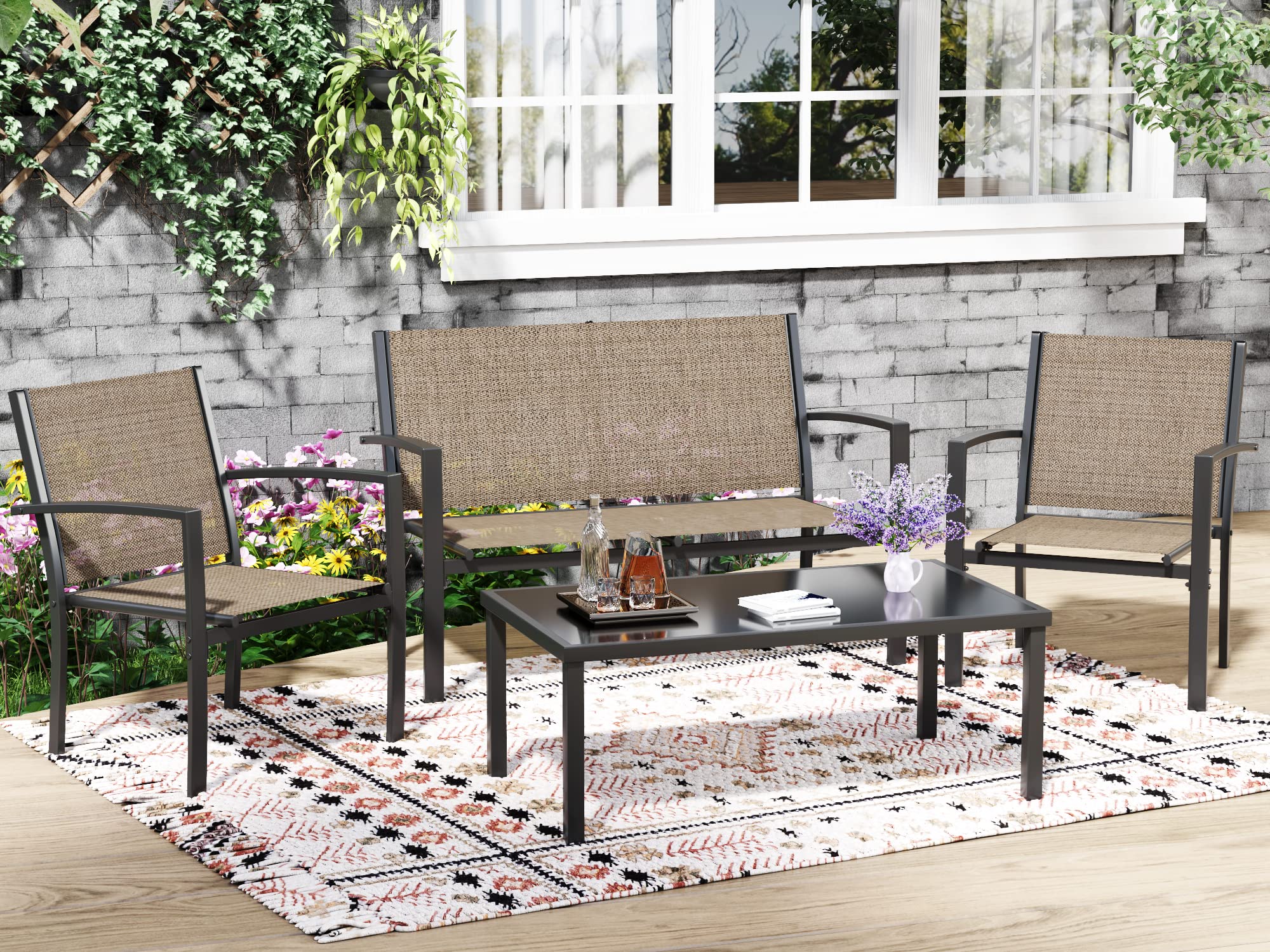 Greesum 4-Piece Outdoor Patio Furniture Set with Glass Coffee Table - Brown Wicker Conversation Set for Garden, Lawn, Poolside & Backyard - Perfect for Relaxing, Entertaining and Outdoor Dining