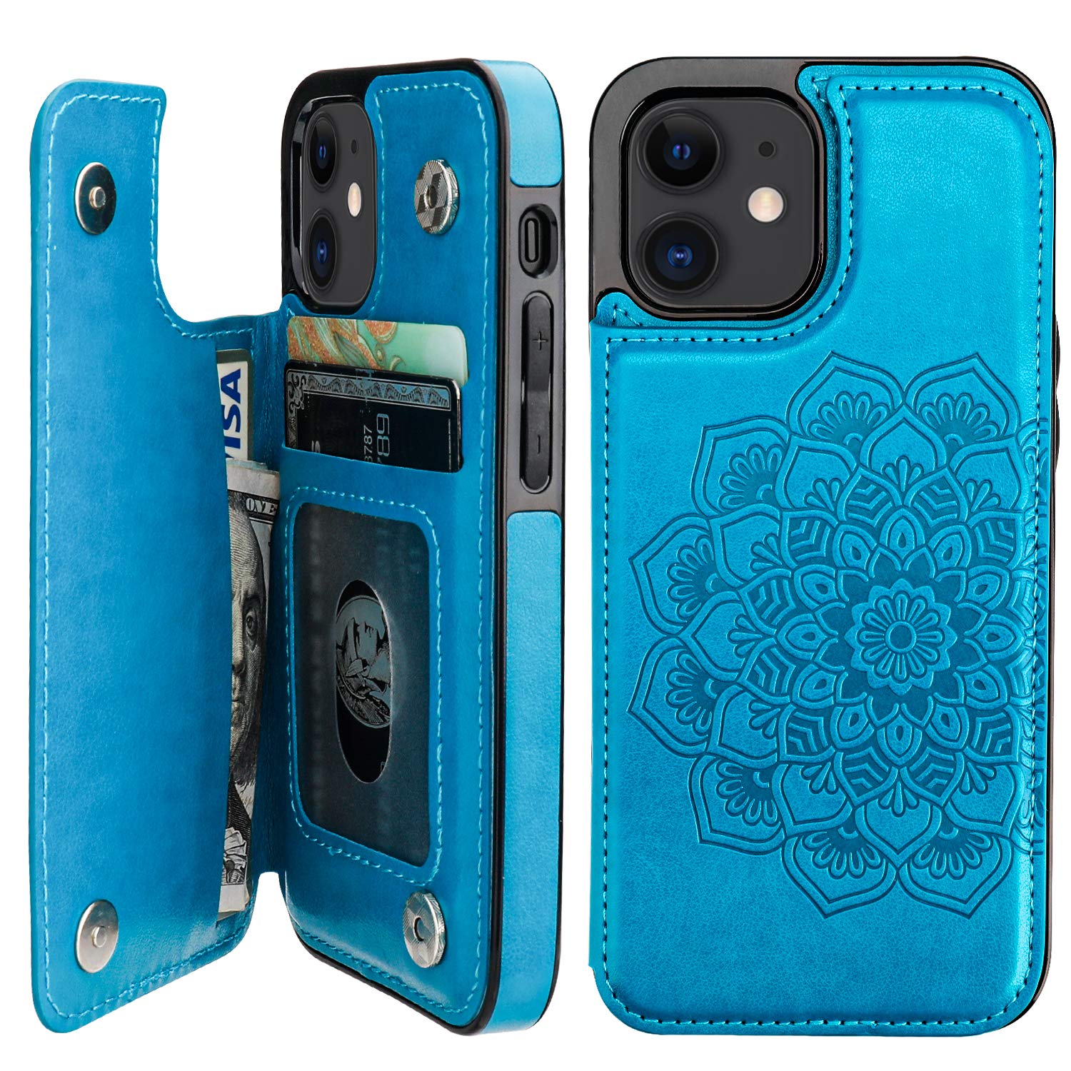 Vaburs iPhone 12 Mini Wallet Case with Card Holder - Embossed Mandala Flower PU Leather Cover with Magnetic Closure | Shockproof Flip Design for iPhone 12 Mini 5.4 Inch (Blue) | Perfect for Daily Use, Travel & Business Meetings